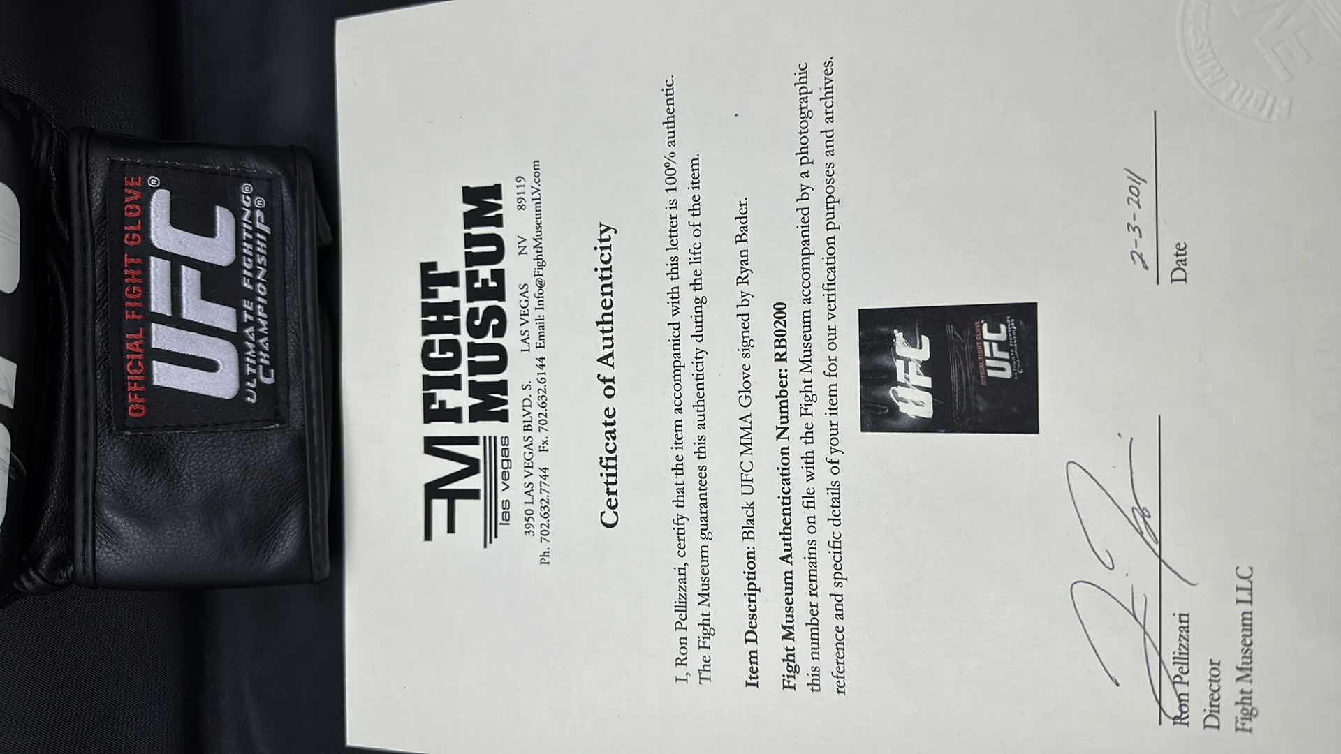Photo 1 of RYAN BADER SIGNED UFC GLOVE W COA