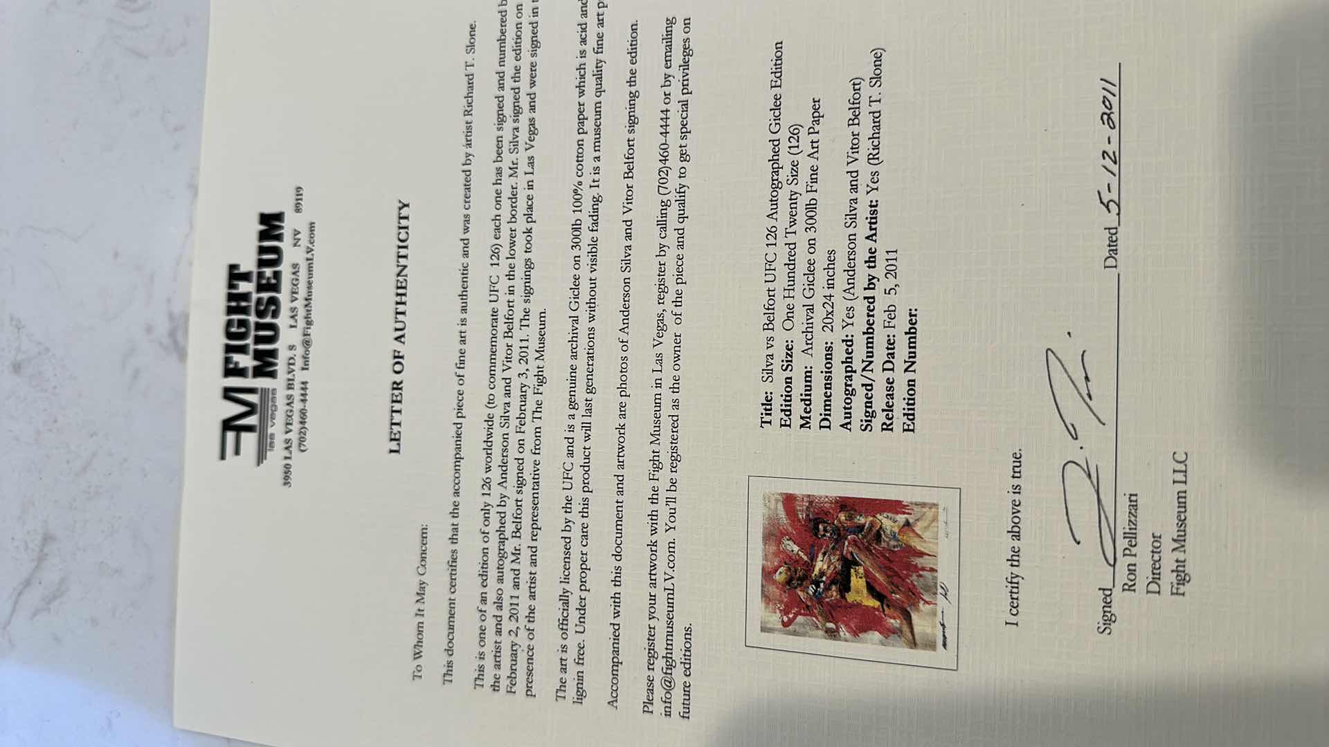 Photo 1 of AUTOGRAPHED ANDERSON SILVA VS VITOR BELFORT ART W COA 20” X 24”