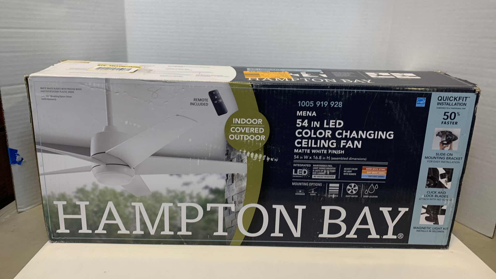 Photo 1 of HAMPTON BAY MENA 54” LED COLOR CHANGING CEILING FAN MATTE WHITE FINISH 1005 919 928