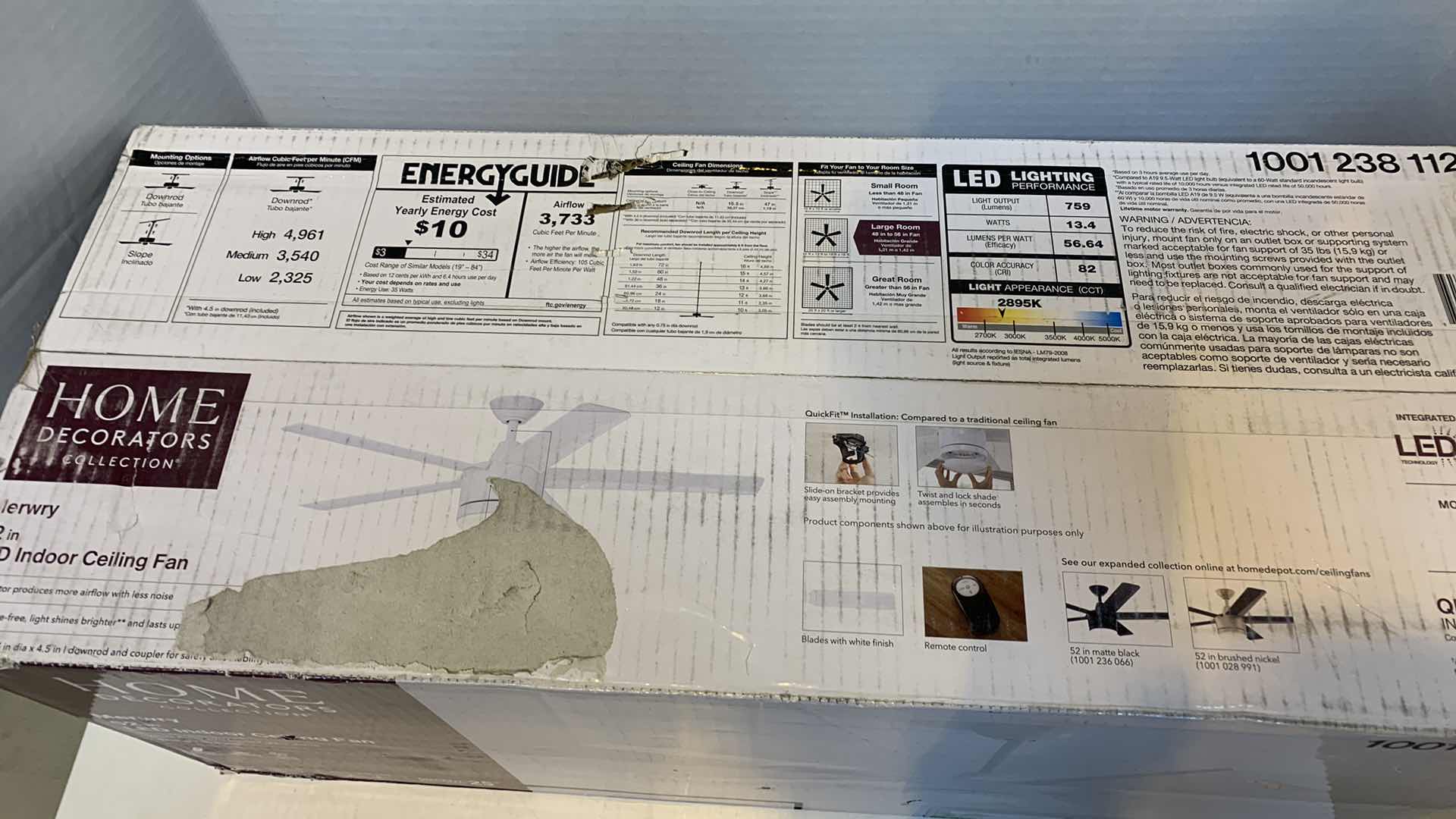 Photo 1 of HOME DECORATORS COLLECTION 52” INDOOR CEILING LED FAN MERWRY WHITE FINISH 1001 238 112