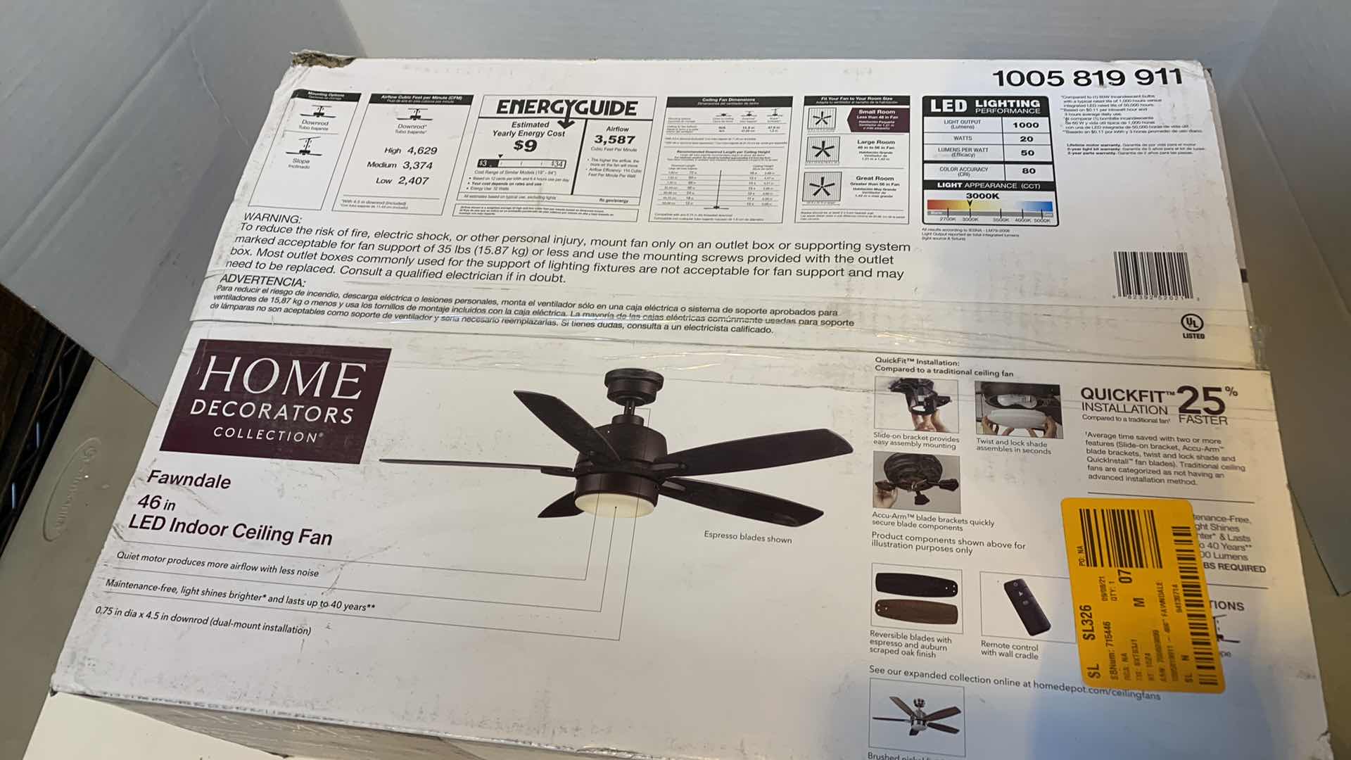 Photo 1 of HOME DECORATORS COLLECTION FAWNDALE 46” INDOOR LED CEILING FAN 1005 819 911