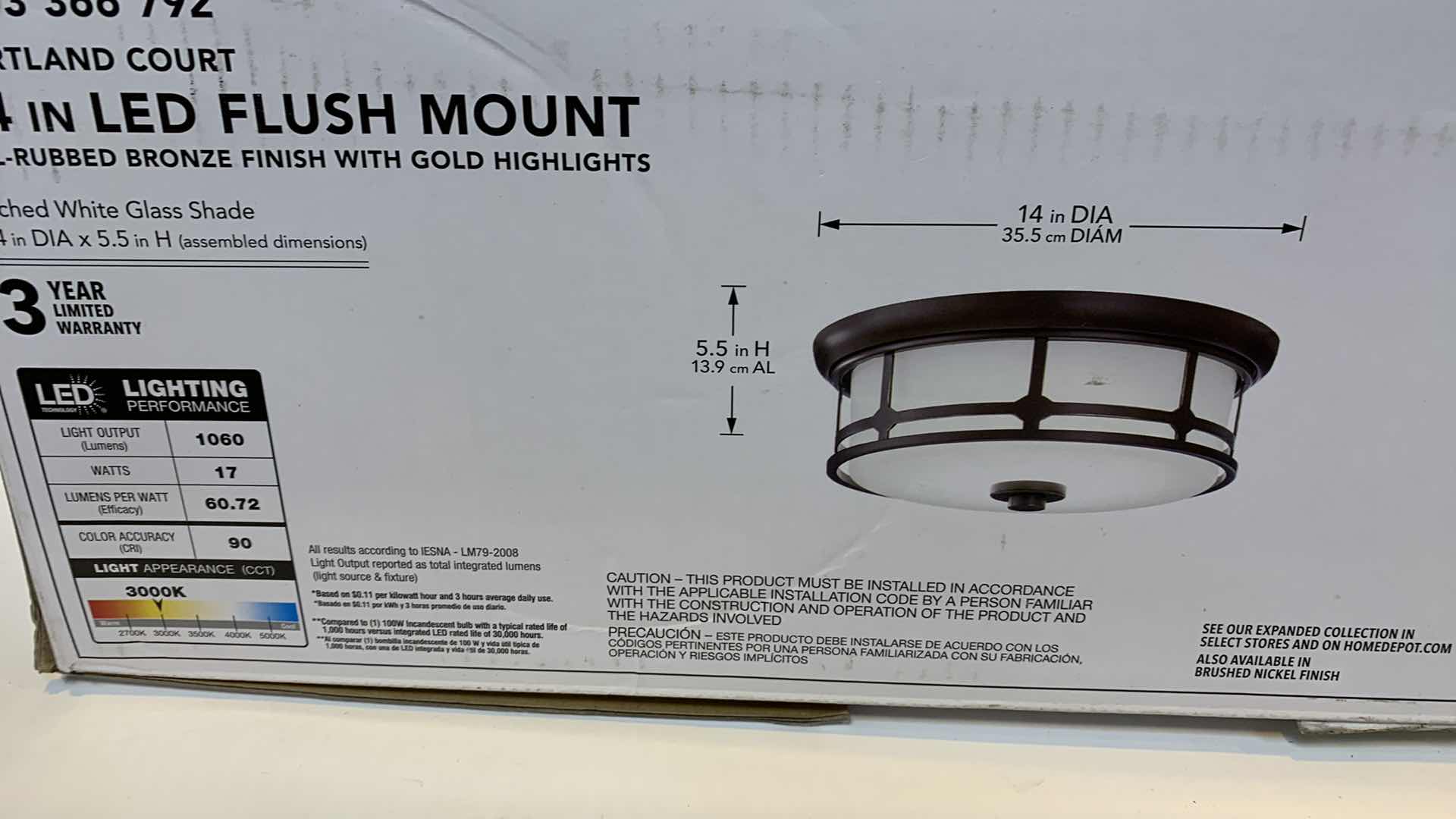 Photo 1 of HAMPTON BAY PORTLAND COURT 14” LED FLUSH MOUNT OIL RUBBED BRONZE 1003 366 792