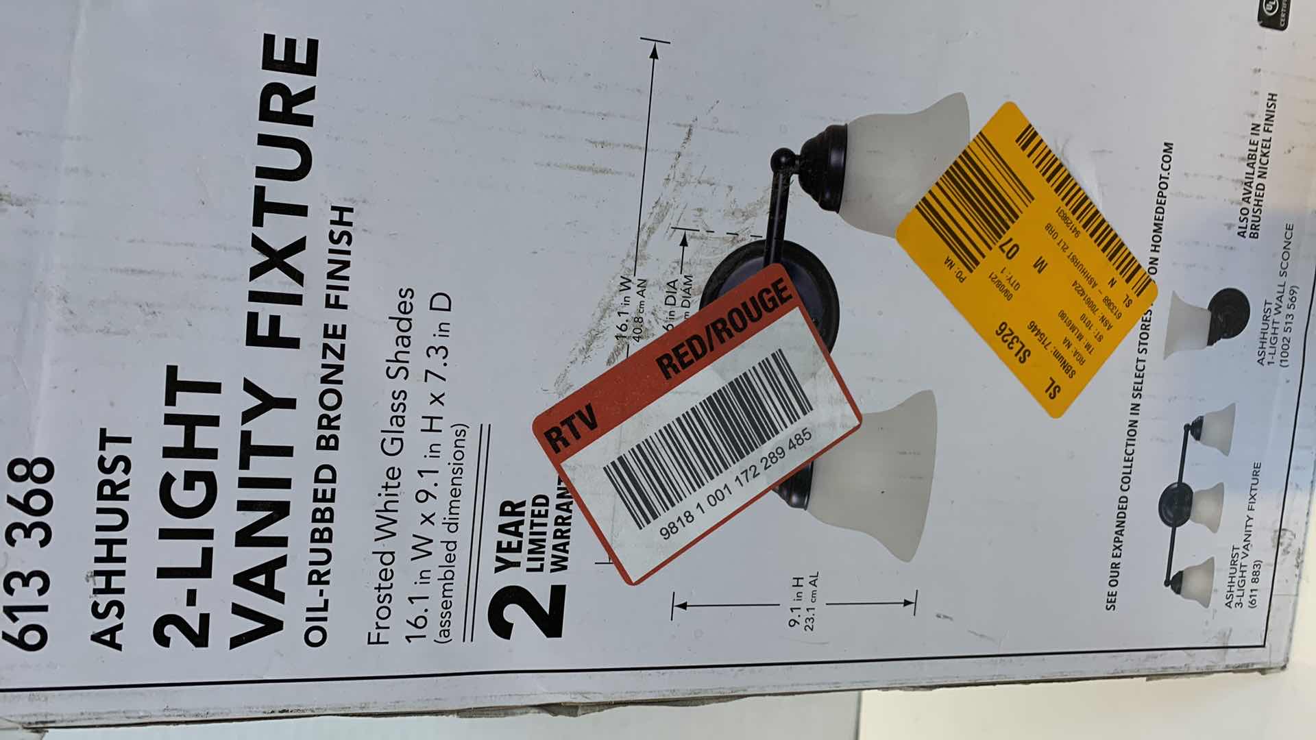 Photo 1 of HAMPTON BAY ASHHURST 2 LIGHT VANITY FIXTURE OIL RUBBED BRONZE FINISH 613 368