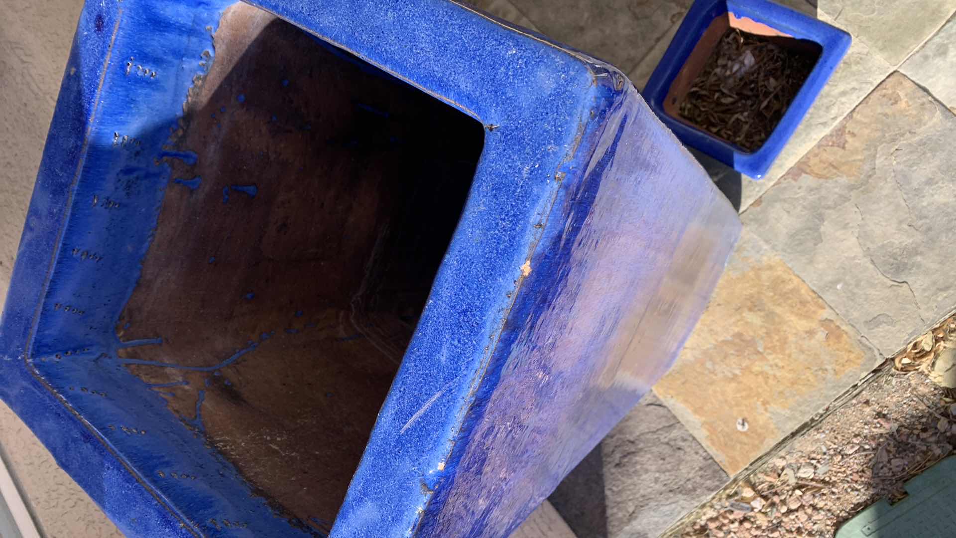 Photo 2 of EXTRA LARGE BLUE GLAZED PLANTER 15” X 15” H 37” AND SMALLER PLANTER 8” X 8” H 8”