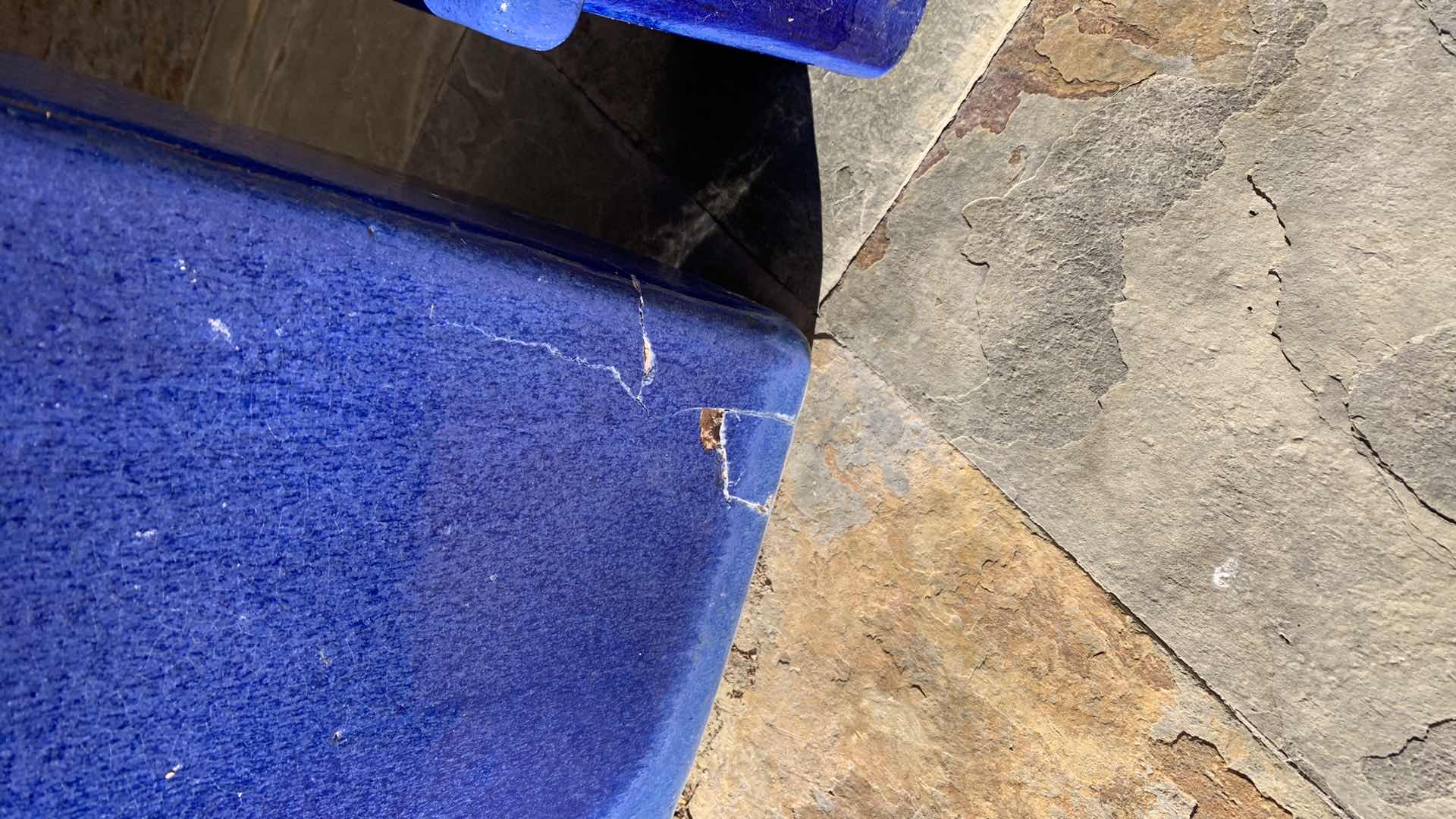 Photo 1 of EXTRA LARGE BLUE GLAZED PLANTER 15” X 15” H 37” AND SMALLER PLANTER 8” X 8” H 8”