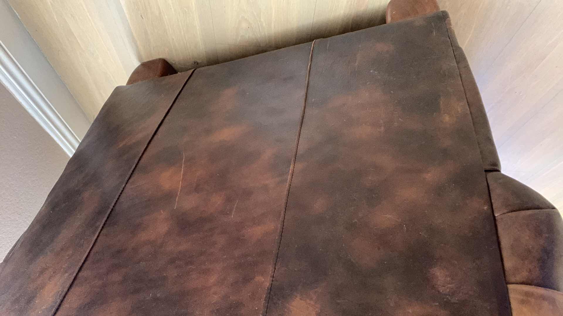 Photo 4 of THOMASVILLE TRADITIONAL DISTRESSED BROWN LEATHER ROLLED ARM CLUB CHAIRS HS1039 37” X 39” H 34” WITH MATCHING OTTOMAN $1000