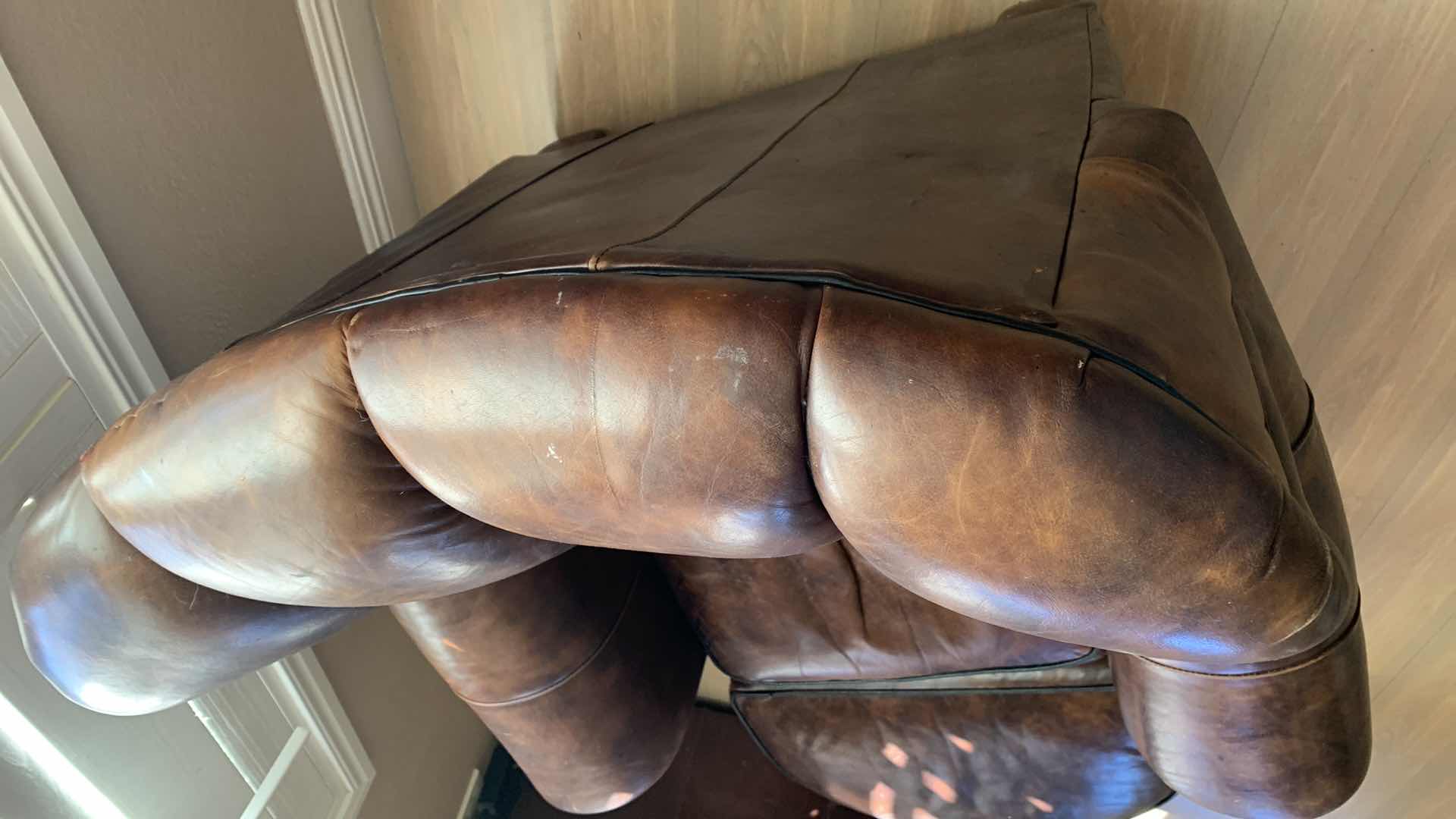 Photo 1 of THOMASVILLE TRADITIONAL DISTRESSED BROWN LEATHER ROLLED ARM CLUB CHAIRS HS1039 37” X 39” H 34” WITH MATCHING OTTOMAN $1000