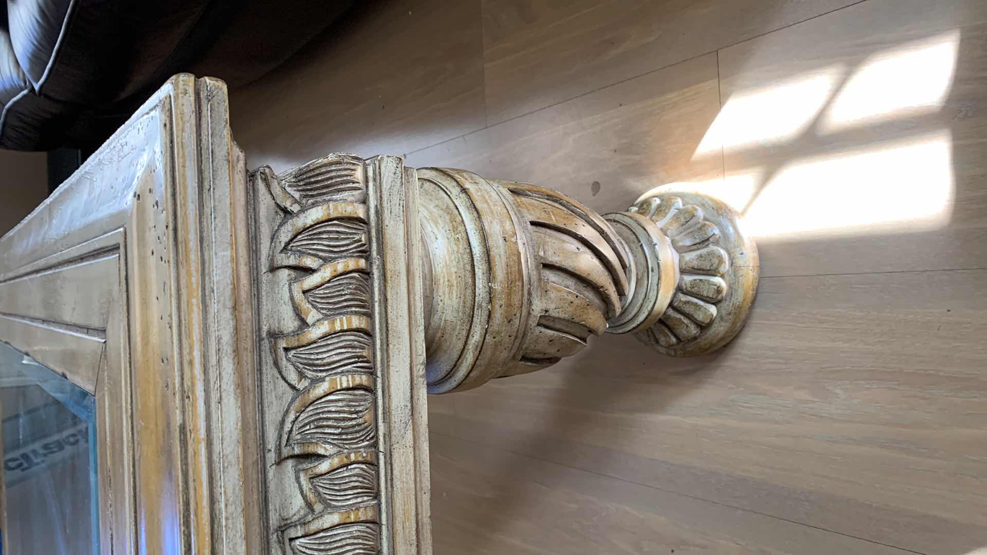 Photo 1 of HOOKER COFFEE TABLE WITH SCRATCH ANTIQUING WITH WORM HOLE DISTRESSING  BEVELED GLASS INSERT 44” X 44” H 19”