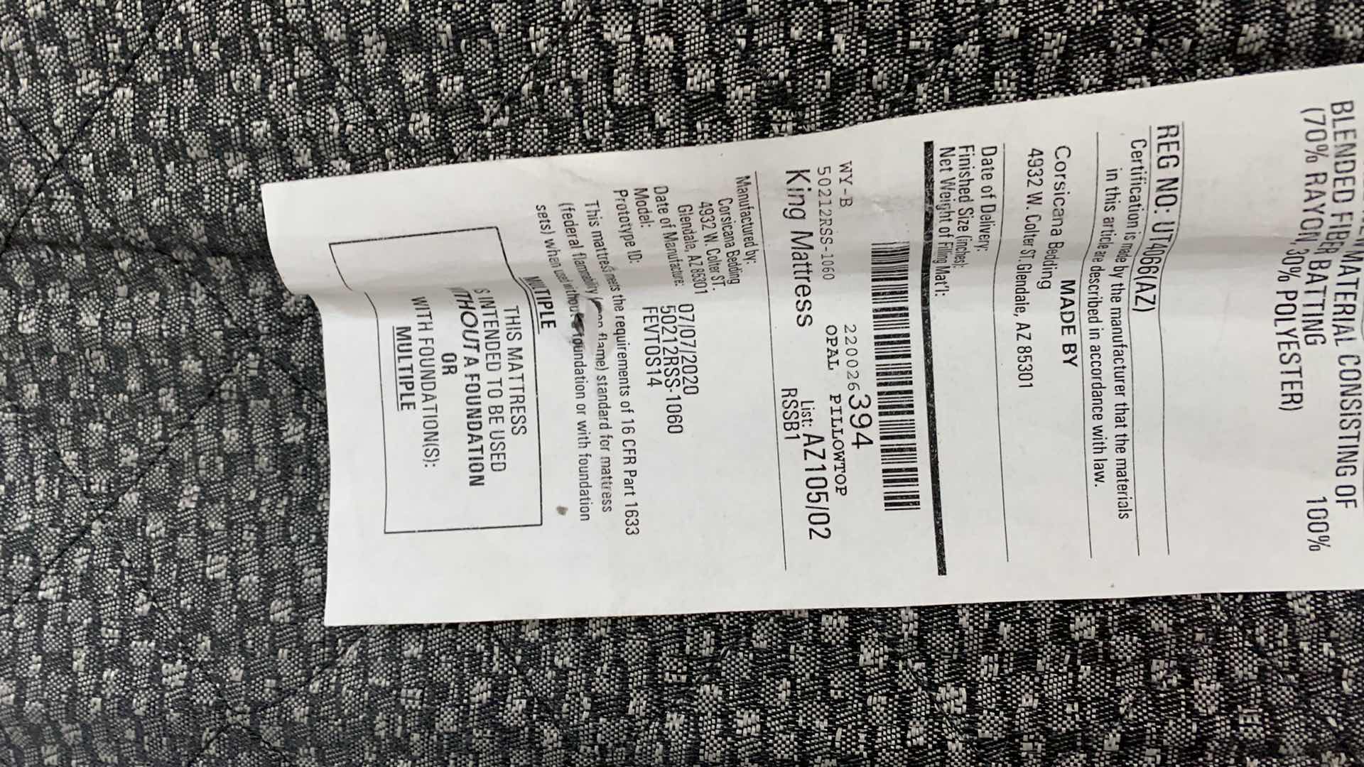 Photo 1 of CORSICANA KING SIZE MATTRESS MANUFACTURED 7/20 FRAME NOT INCLUDED