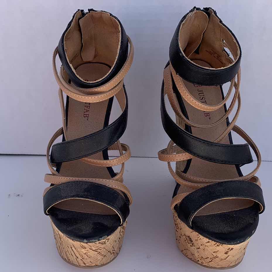 Photo 1 of JUSTFAB LADIES SIZE 6 WEDGE PLATFORM CORK SANDALS, BLACK AND TAN STRAPS