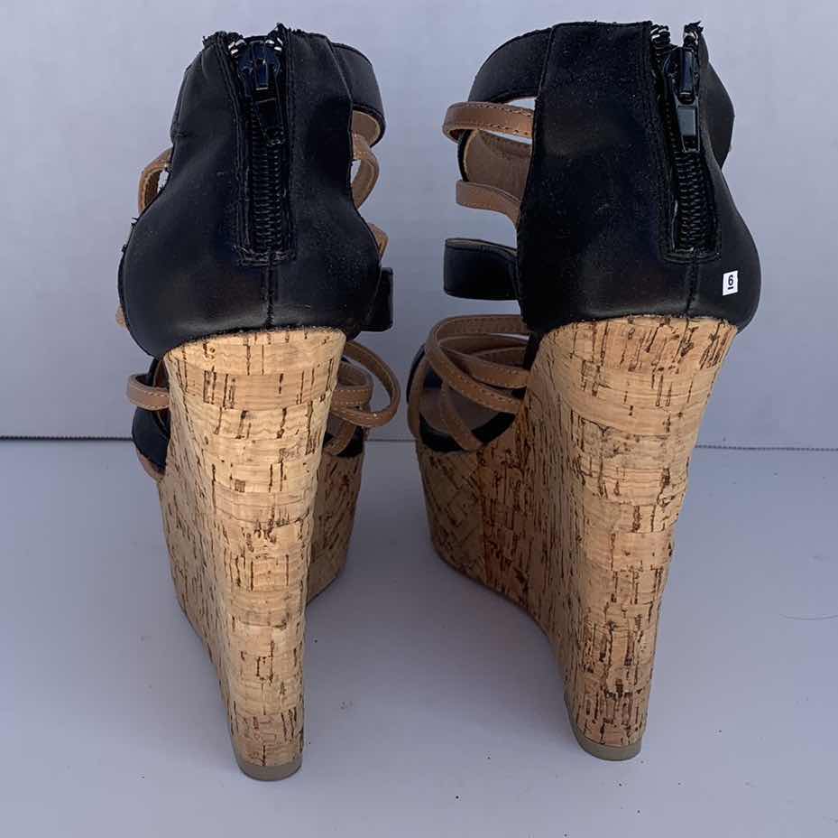 Photo 1 of JUSTFAB LADIES SIZE 6 WEDGE PLATFORM CORK SANDALS, BLACK AND TAN STRAPS