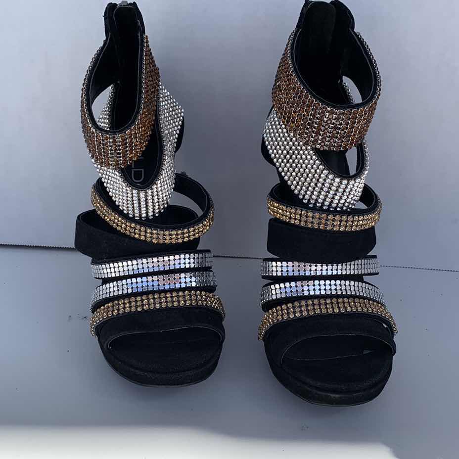 Photo 1 of BLACK HIGH HEEL SANDALS, GOLD AND SILVER RHINESTONES STRAPS, LADIES SIZE 5 1/2, ZIPPER HEEL