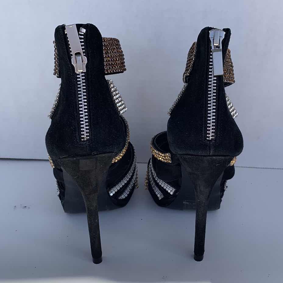 Photo 1 of BLACK HIGH HEEL SANDALS, GOLD AND SILVER RHINESTONES STRAPS, LADIES SIZE 5 1/2, ZIPPER HEEL