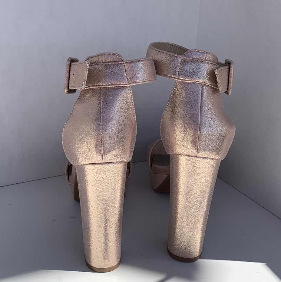Photo 1 of LADIES HIGH HEEL SANDALS, SIZE 9, SHIMMERY PINK FABRIC,