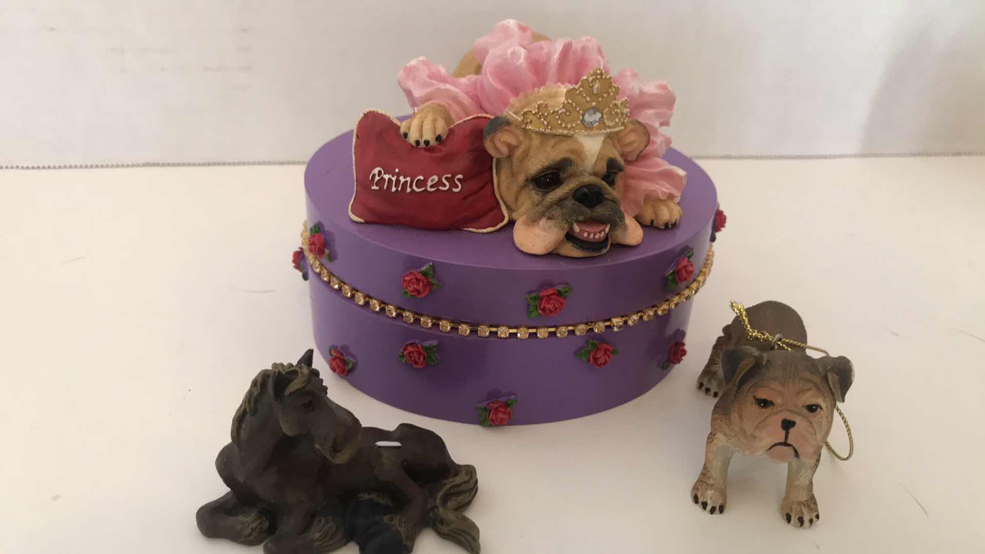 Photo 1 of 6” OVAL WOODEN BOX WITH PAMPERED DOG ATOP, AND THREE SMALL RESIN ANIMALS