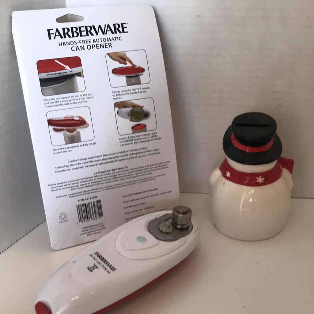 Photo 1 of FABERWARE CORDLESS CAN OPENER WITH SNOWMAN COIN BANK
