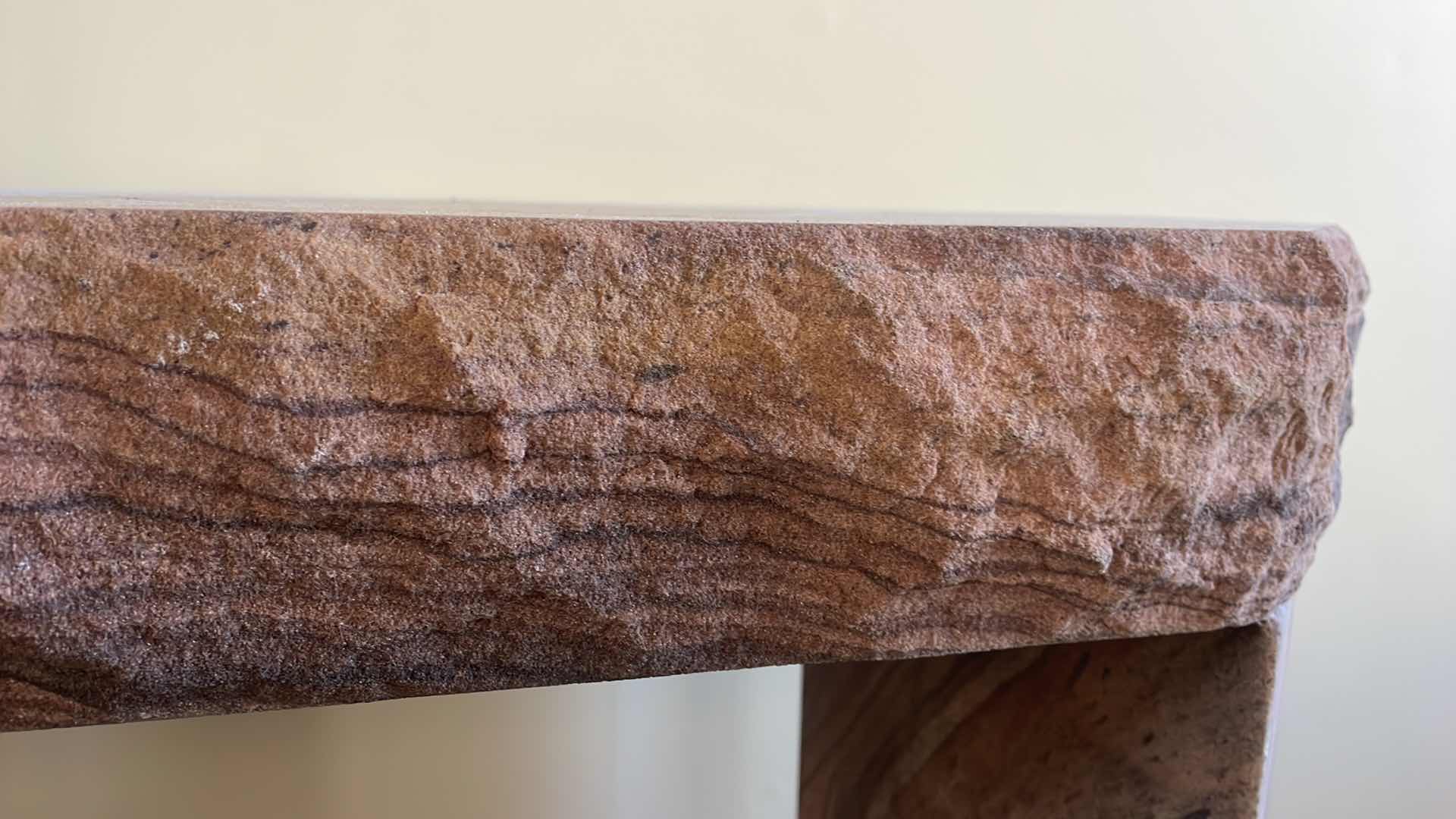 Photo 8 of SPECIALITY CUT RAINBOW GOLD CUSTOM TABLE 4” THICK 72” X 14” H34” CHISELED EDGING AND HONED TOP LEGS ARE SPECIAL CUT ANGLE WITH HONED FINISH