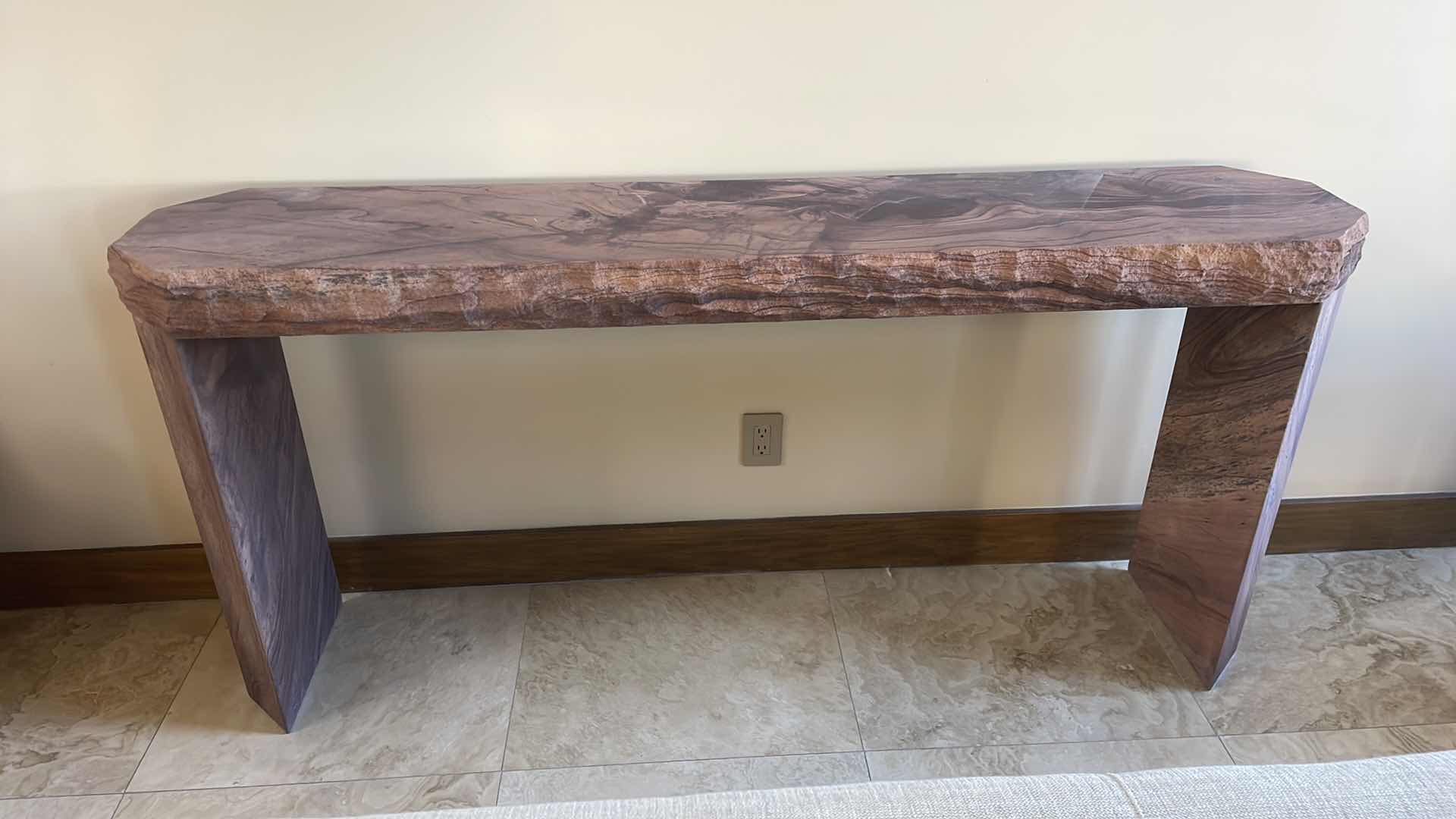 Photo 1 of SPECIALITY CUT RAINBOW GOLD CUSTOM TABLE 4” THICK 72” X 14” H34” CHISELED EDGING AND HONED TOP LEGS ARE SPECIAL CUT ANGLE WITH HONED FINISH