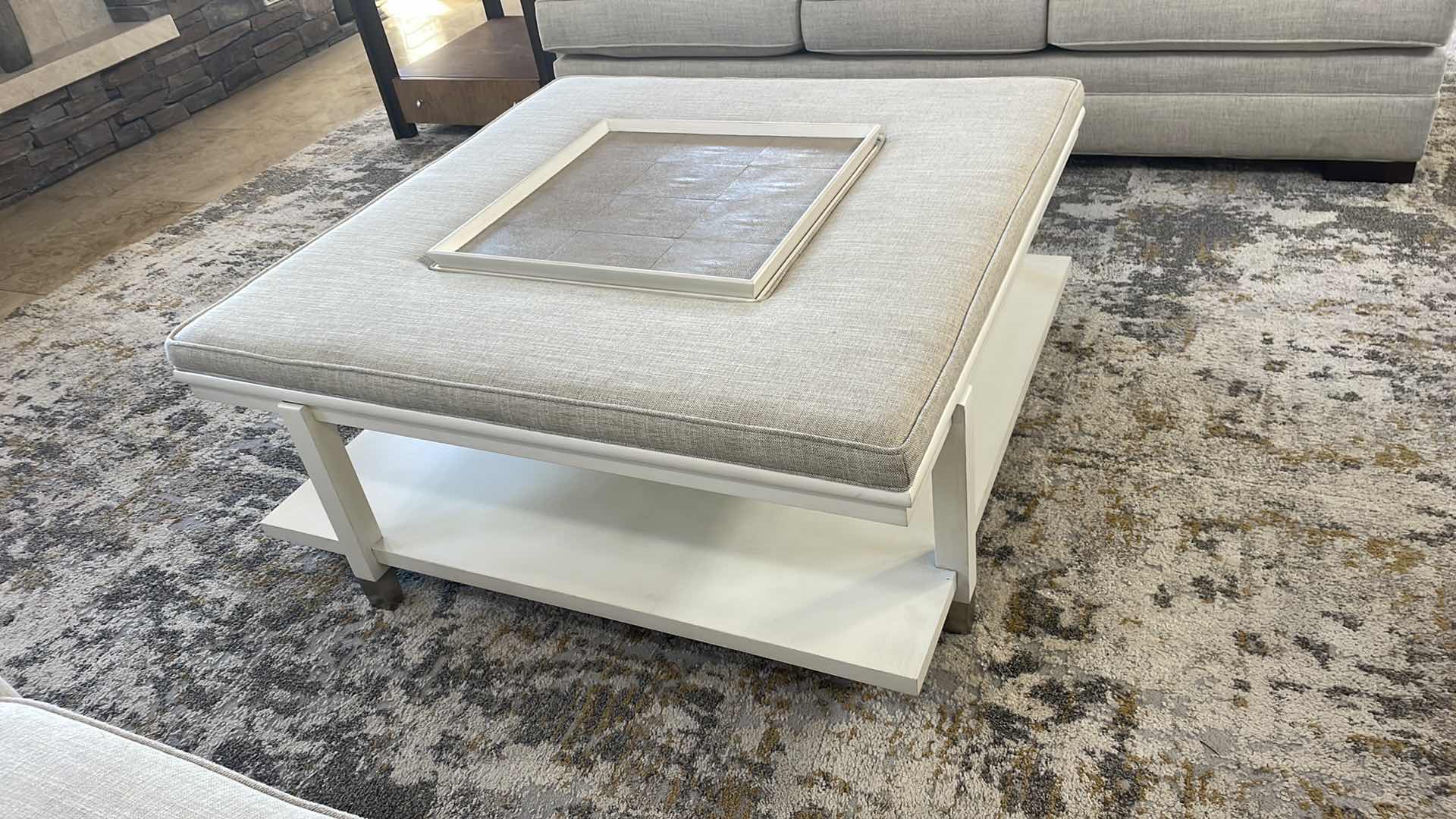 Photo 1 of WESTWOOD COCKTAIL OTTOMAN WITH TRAY WALNUT IVORY WITH TAUPE SHAGREEN 45” X 45” H19”