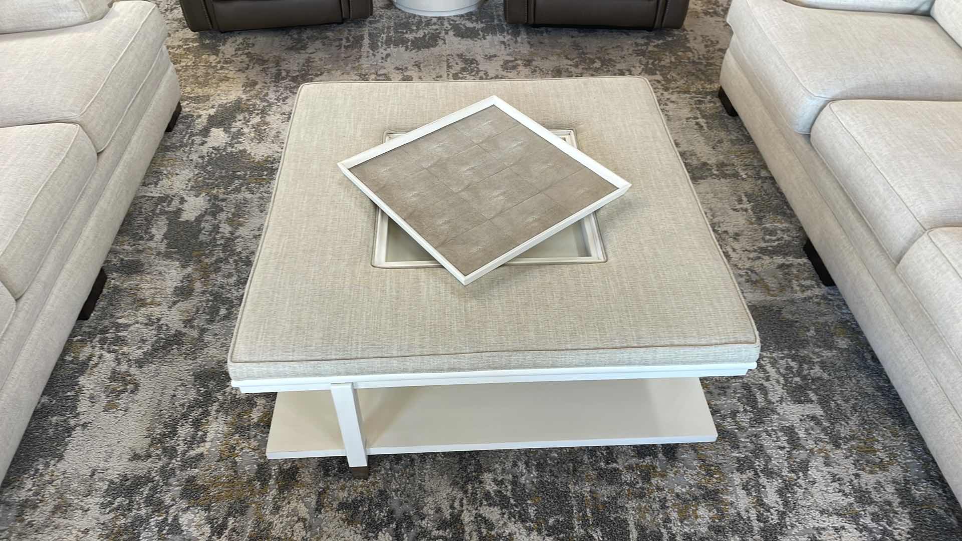 Photo 1 of WESTWOOD COCKTAIL OTTOMAN WITH TRAY WALNUT IVORY WITH TAUPE SHAGREEN 45” X 45” H19”