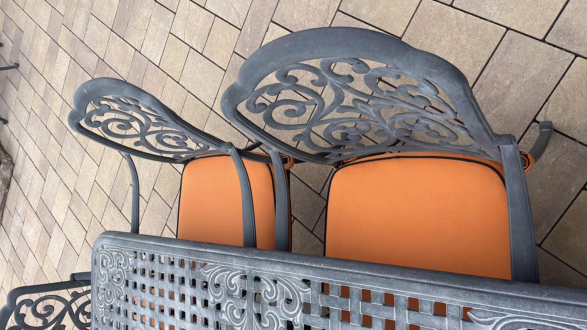Photo 1 of LUXURY PATIO FURNITURE SET - TABLE 64” X 64” WITH 8 CHAIRS ORANGE CUSHIONS WITH BLACK WELTING