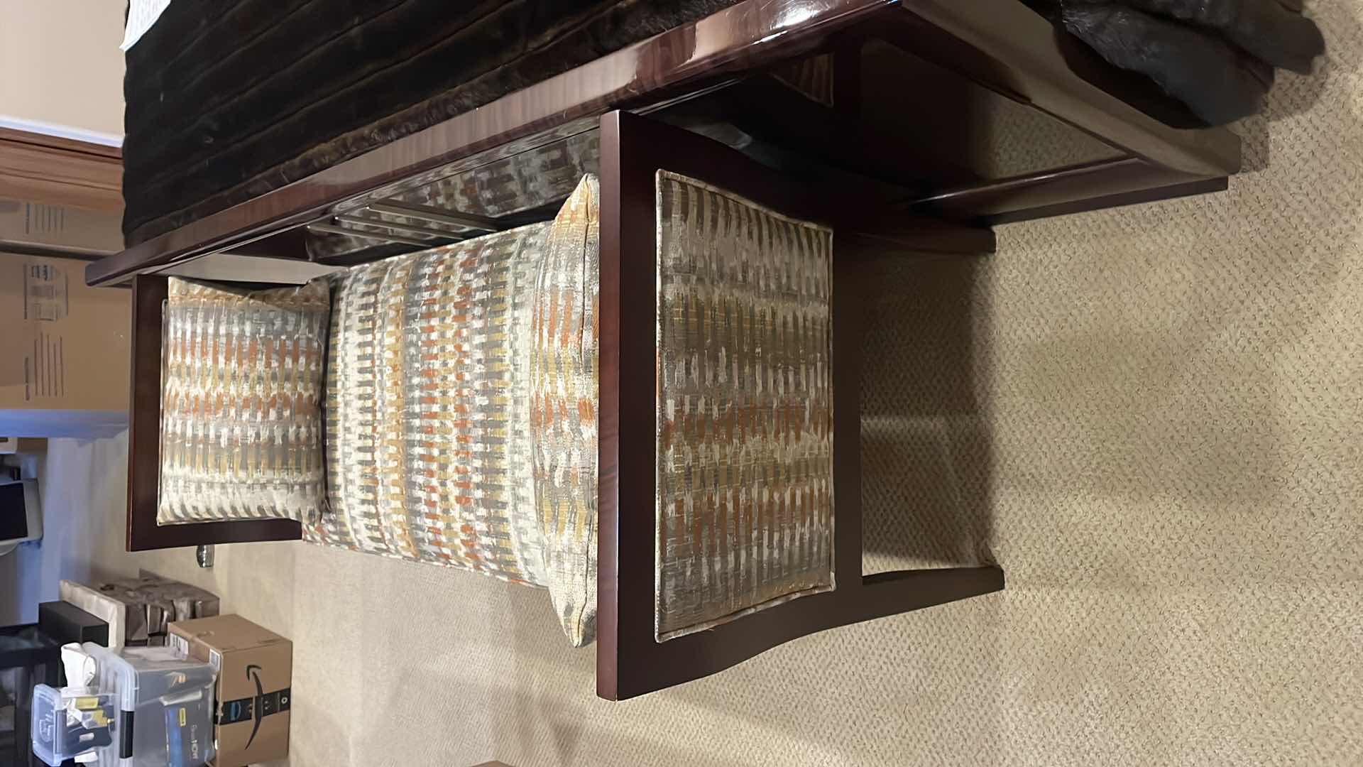 Photo 1 of TAYLOR KING CONLEY BENCH MAHOGANY FINISHED WITH CUSTOM FABRIC & PILLOWS 2816-00