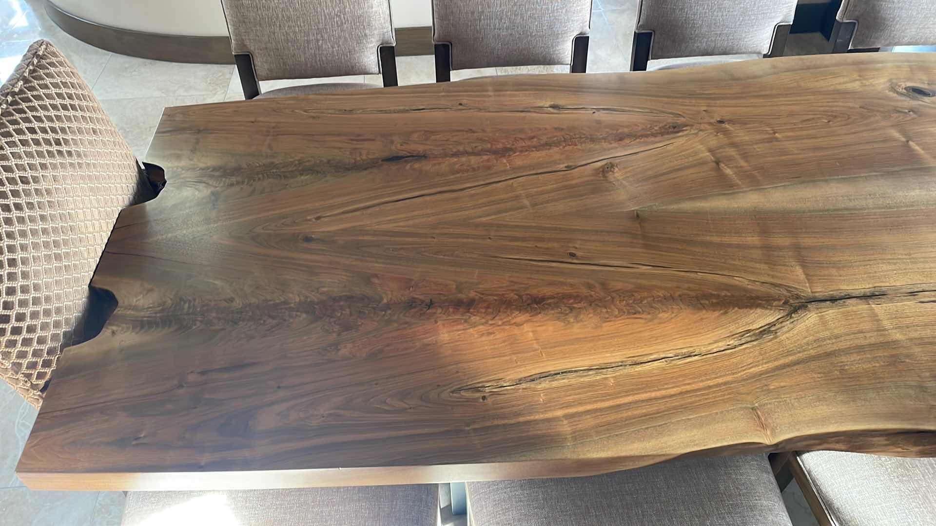 Photo 9 of URBAN HARDWOODS BOOK MATCHED SOLID WESTERN (BLACK) WALNUT TABLE #1183 WITH 10 KREISS SUTTON SIDE CHAIRS & 2 SUTTON ARM CHAIRS  122" X 36"-41" H30"