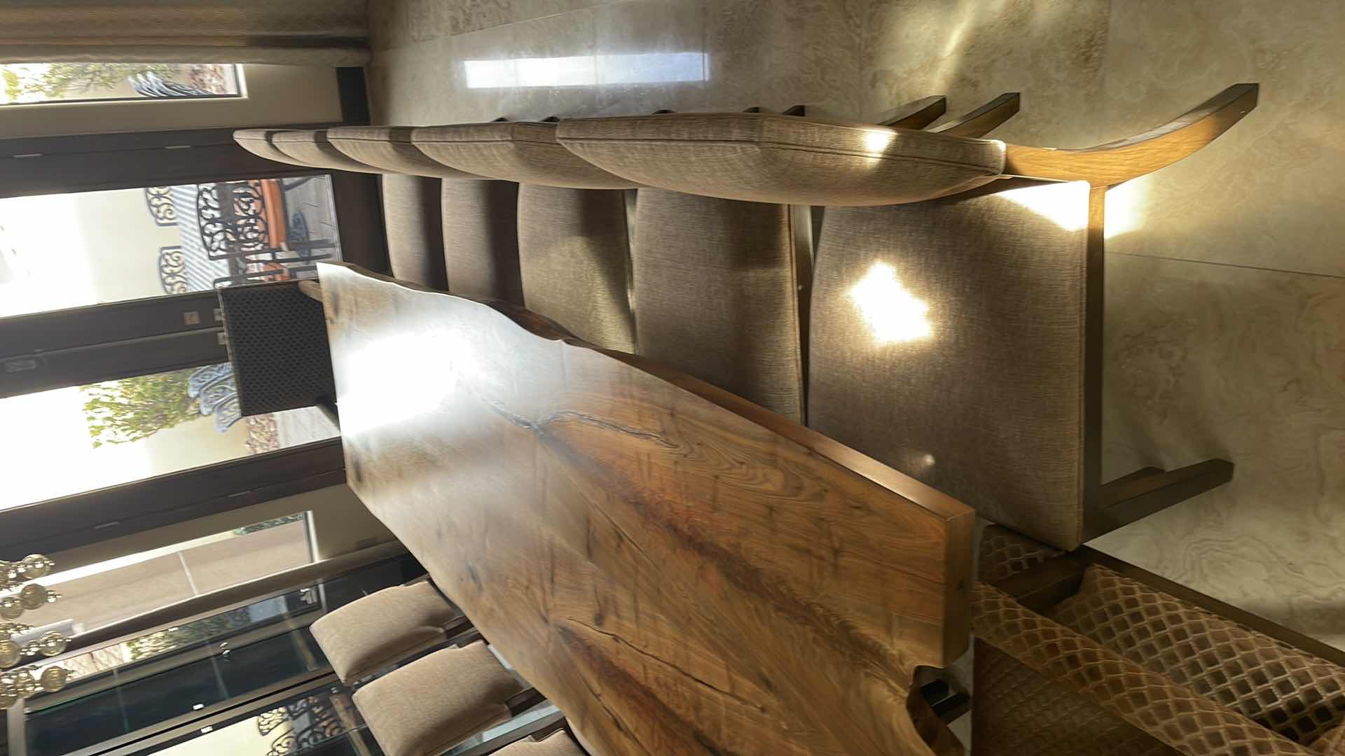 Photo 4 of URBAN HARDWOODS BOOK MATCHED SOLID WESTERN (BLACK) WALNUT TABLE #1183 WITH 10 KREISS SUTTON SIDE CHAIRS & 2 SUTTON ARM CHAIRS  122" X 36"-41" H30"