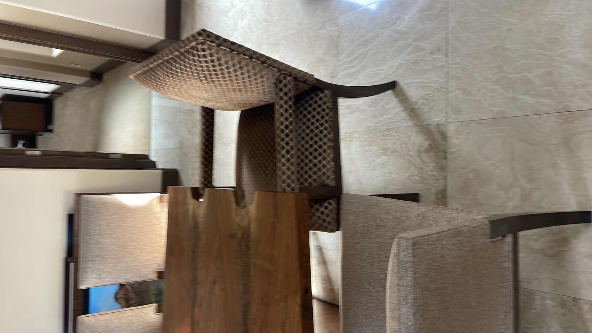 Photo 3 of URBAN HARDWOODS BOOK MATCHED SOLID WESTERN (BLACK) WALNUT TABLE #1183 WITH 10 KREISS SUTTON SIDE CHAIRS & 2 SUTTON ARM CHAIRS  122" X 36"-41" H30"