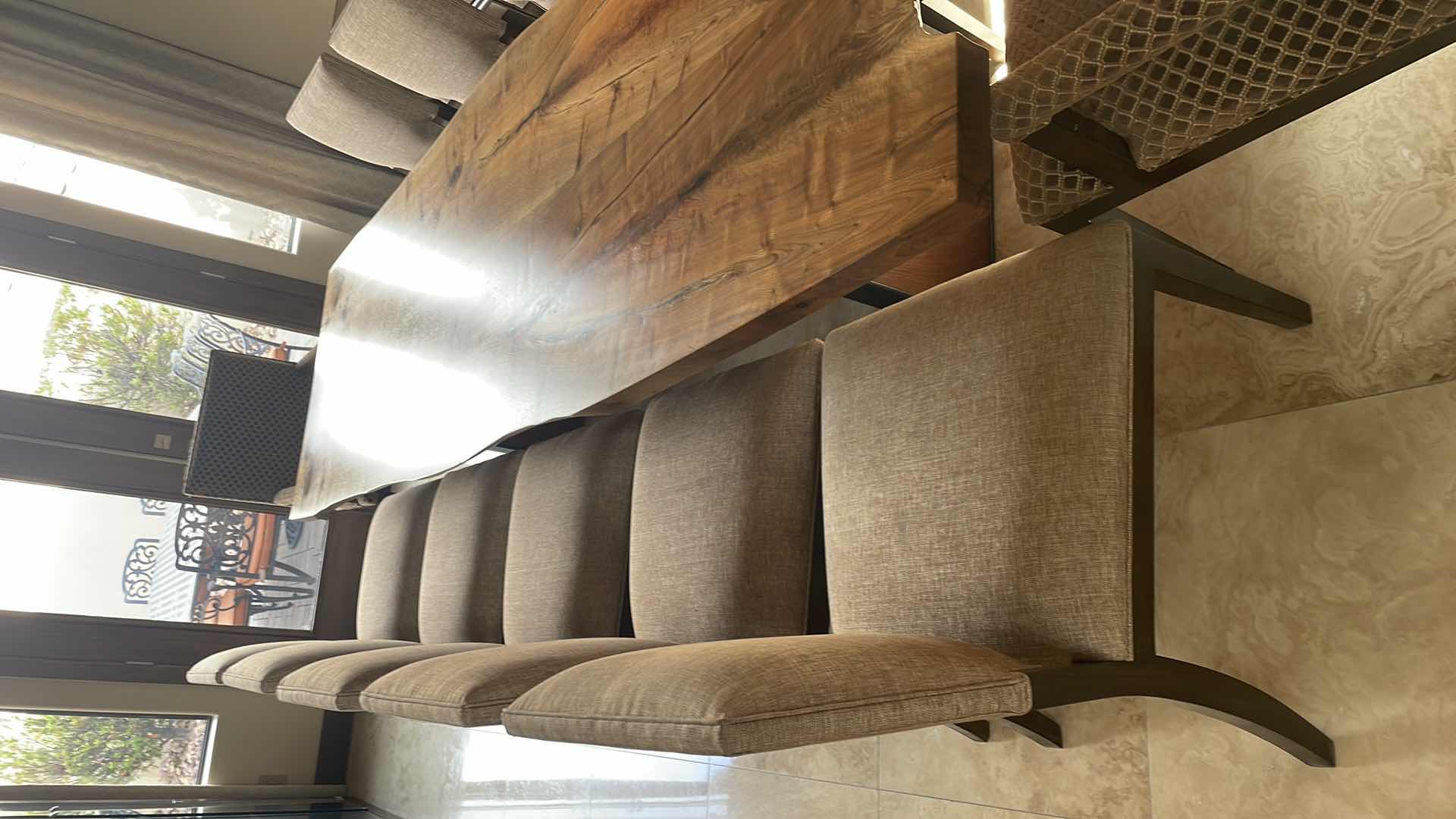 Photo 2 of URBAN HARDWOODS BOOK MATCHED SOLID WESTERN (BLACK) WALNUT TABLE #1183 WITH 10 KREISS SUTTON SIDE CHAIRS & 2 SUTTON ARM CHAIRS  122" X 36"-41" H30"