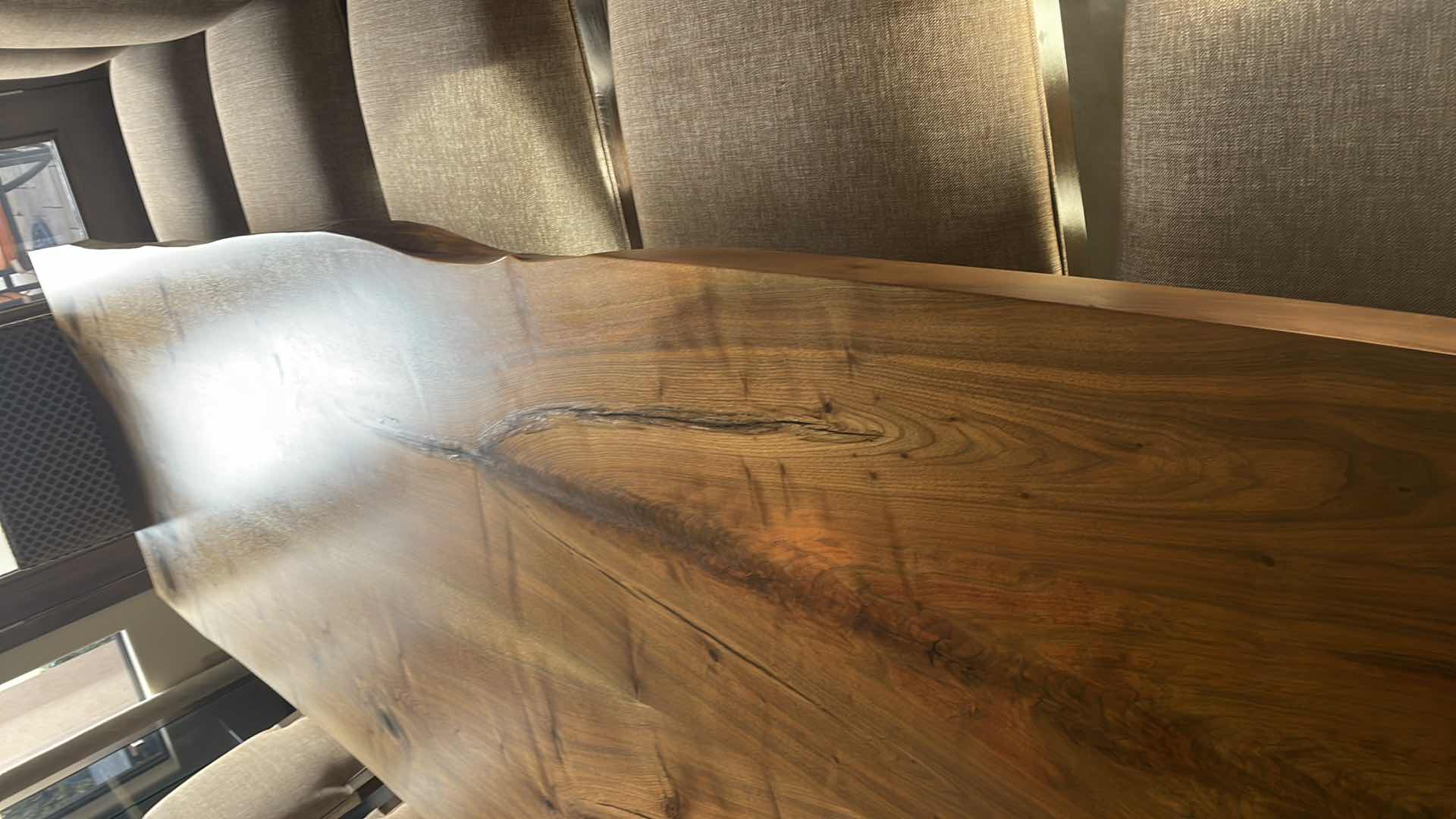 Photo 10 of URBAN HARDWOODS BOOK MATCHED SOLID WESTERN (BLACK) WALNUT TABLE #1183 WITH 10 KREISS SUTTON SIDE CHAIRS & 2 SUTTON ARM CHAIRS  122" X 36"-41" H30"