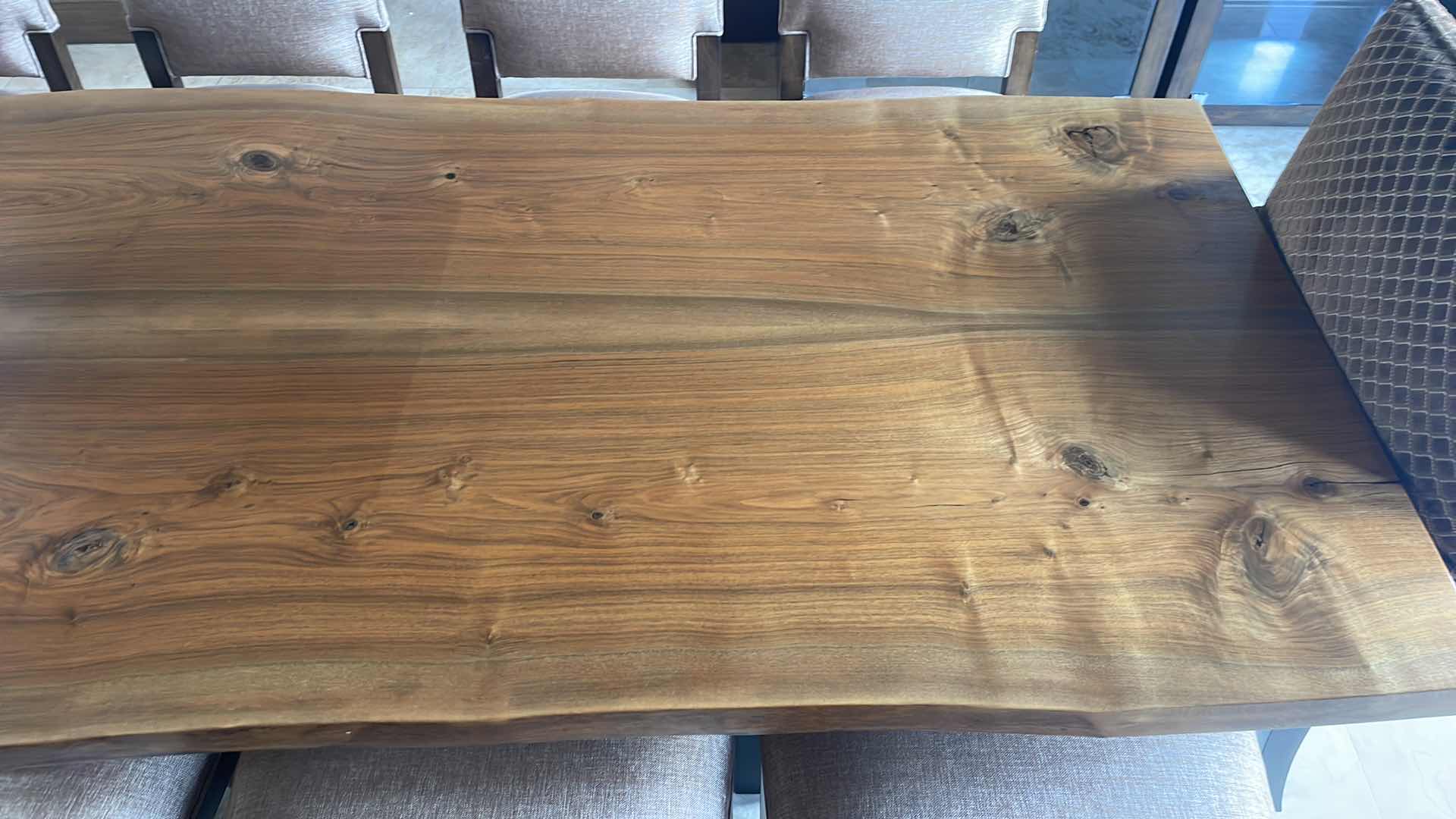 Photo 7 of URBAN HARDWOODS BOOK MATCHED SOLID WESTERN (BLACK) WALNUT TABLE #1183 WITH 10 KREISS SUTTON SIDE CHAIRS & 2 SUTTON ARM CHAIRS  122" X 36"-41" H30"