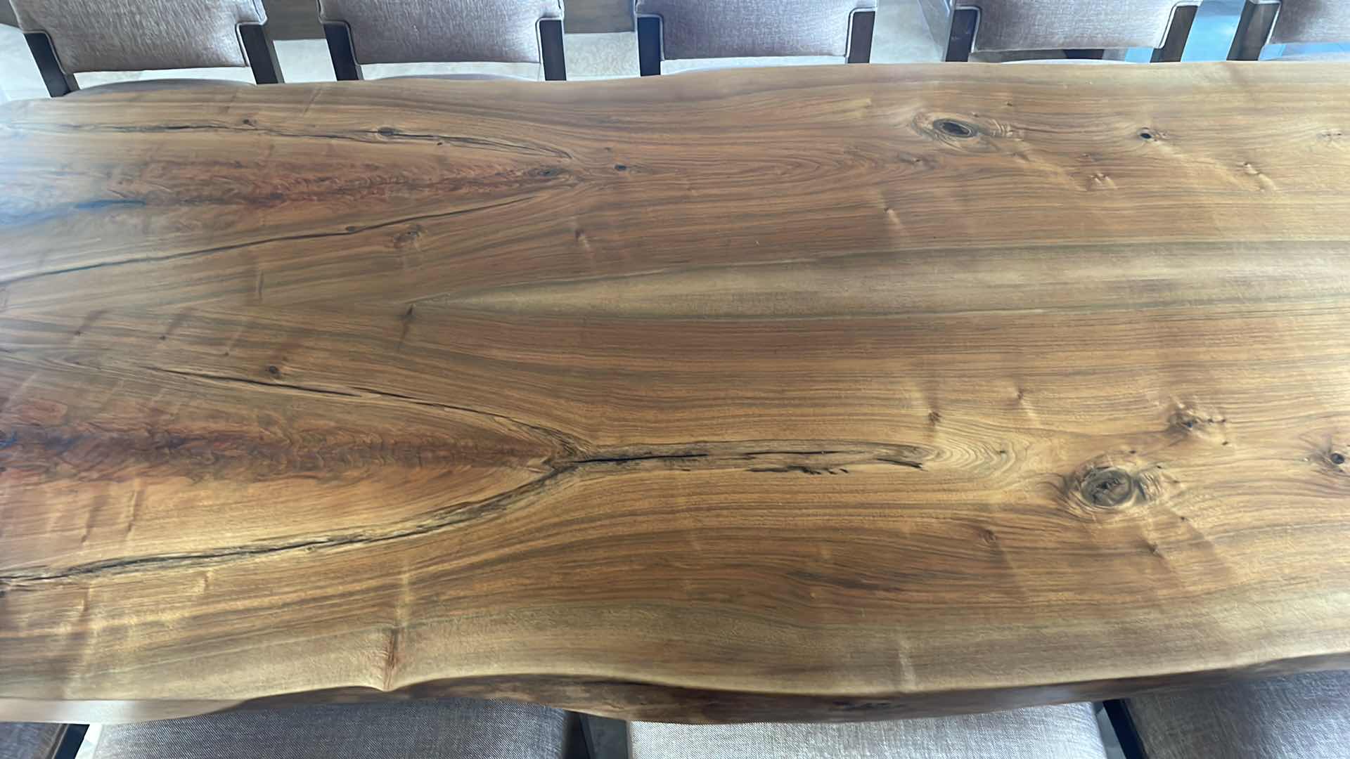 Photo 8 of URBAN HARDWOODS BOOK MATCHED SOLID WESTERN (BLACK) WALNUT TABLE #1183 WITH 10 KREISS SUTTON SIDE CHAIRS & 2 SUTTON ARM CHAIRS  122" X 36"-41" H30"