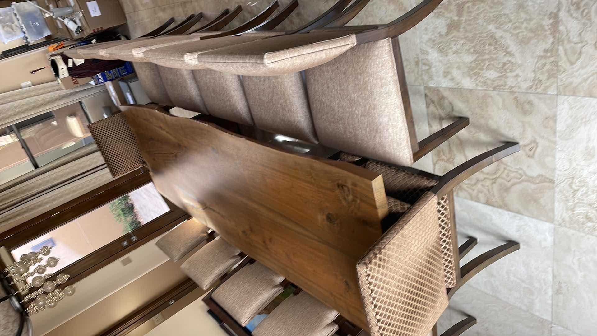 Photo 5 of URBAN HARDWOODS BOOK MATCHED SOLID WESTERN (BLACK) WALNUT TABLE #1183 WITH 10 KREISS SUTTON SIDE CHAIRS & 2 SUTTON ARM CHAIRS  122" X 36"-41" H30"