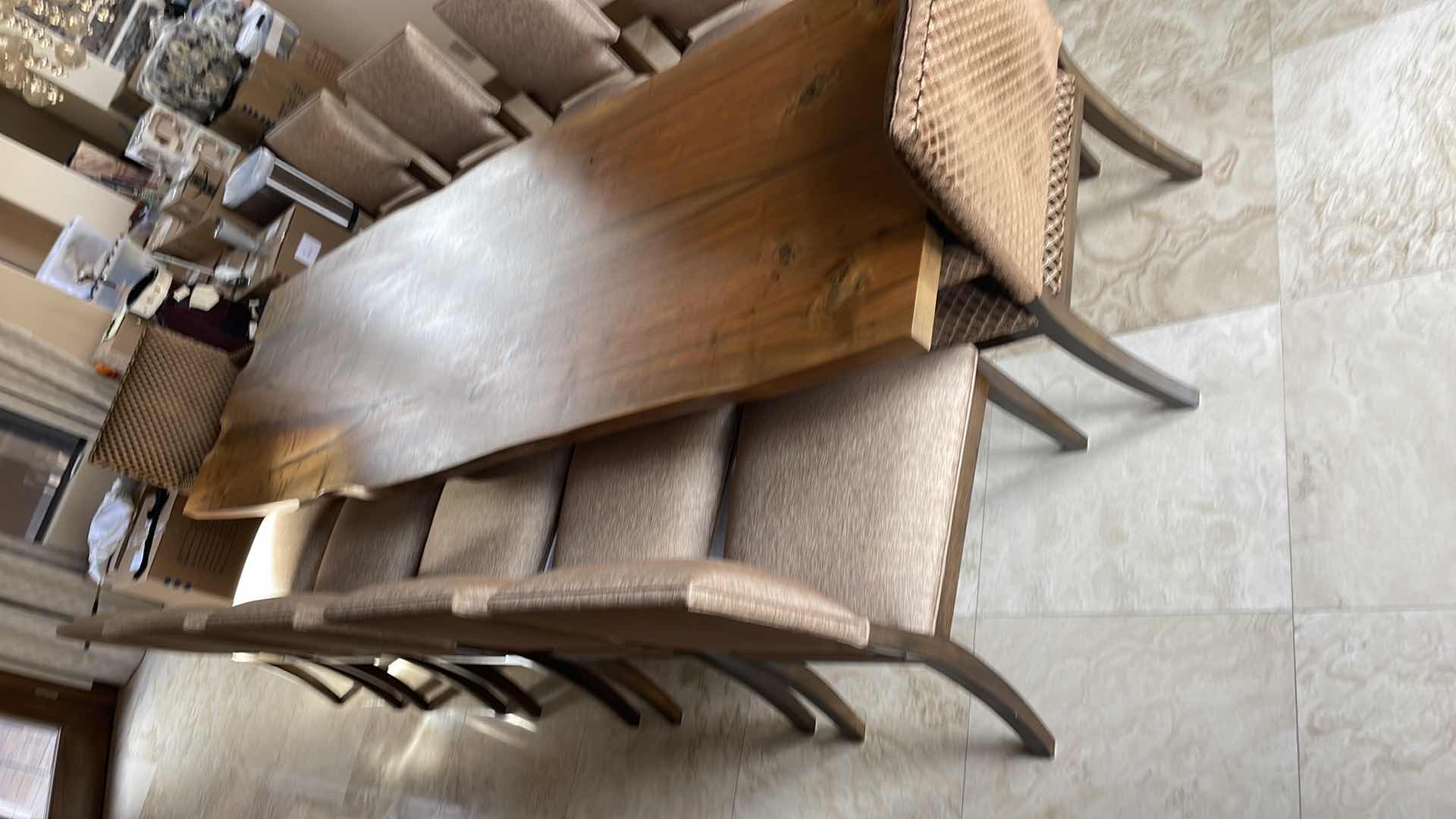 Photo 6 of URBAN HARDWOODS BOOK MATCHED SOLID WESTERN (BLACK) WALNUT TABLE #1183 WITH 10 KREISS SUTTON SIDE CHAIRS & 2 SUTTON ARM CHAIRS  122" X 36"-41" H30"