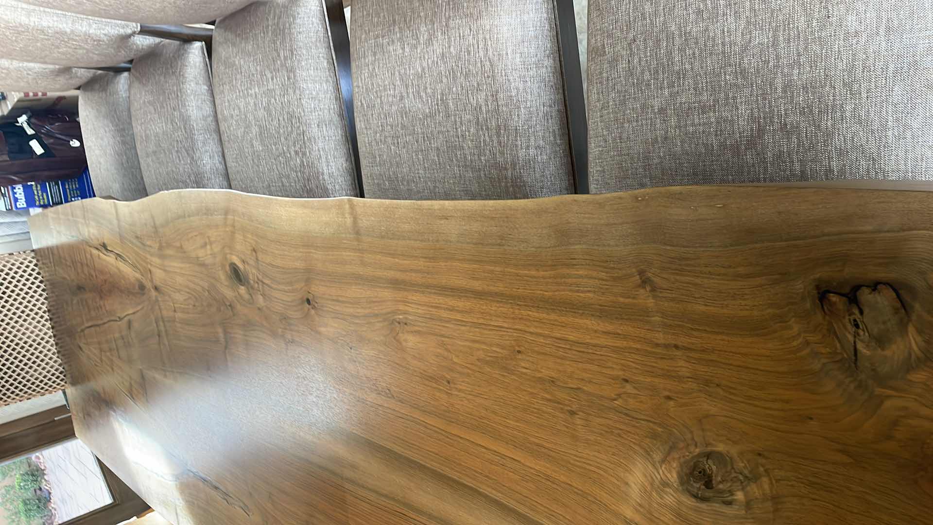 Photo 11 of URBAN HARDWOODS BOOK MATCHED SOLID WESTERN (BLACK) WALNUT TABLE #1183 WITH 10 KREISS SUTTON SIDE CHAIRS & 2 SUTTON ARM CHAIRS  122" X 36"-41" H30"