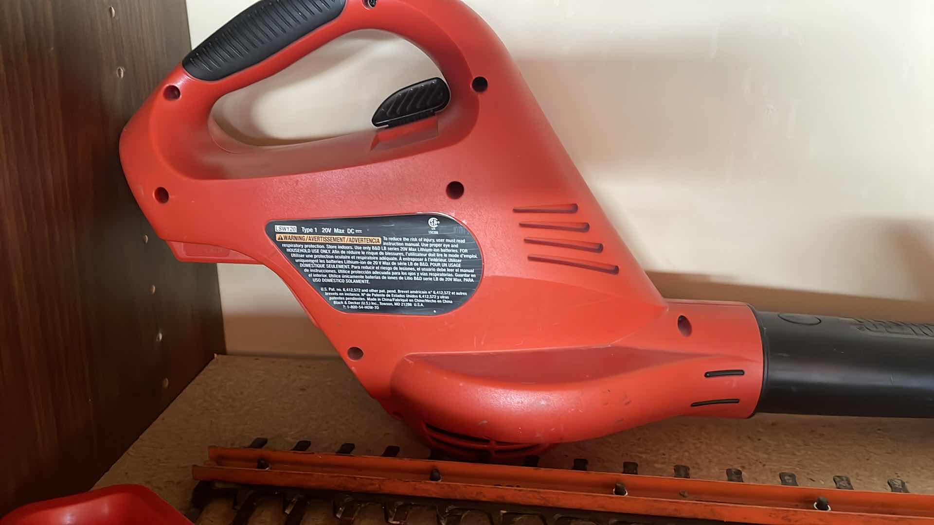 Photo 1 of BLACK & DECKER, 20 V BLOWER HEDGER AND WEEDEATER THREE BATTERIES, THREE CHARGERS