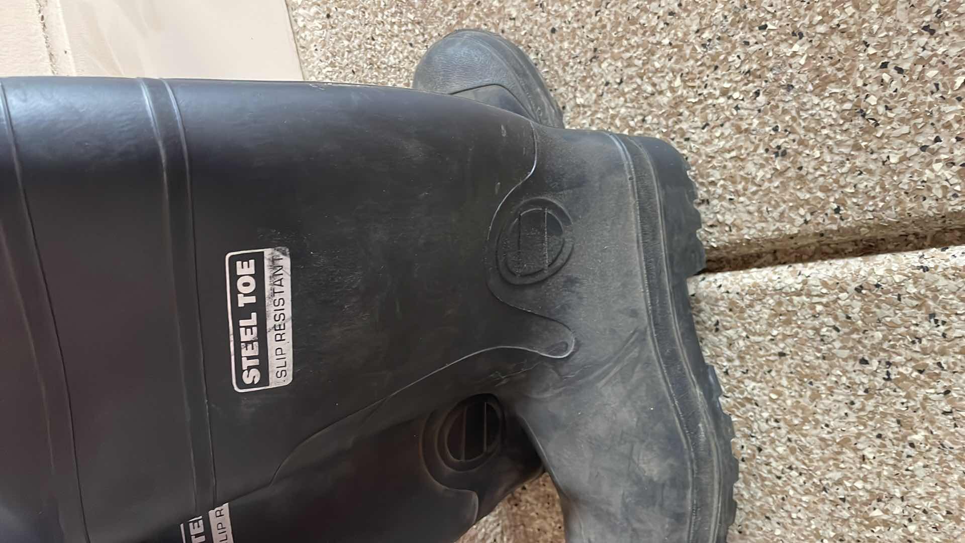 Photo 1 of RUBBER MUCK BOOTS. SIZE 14, STEEL TOE SIZE 9,  STEEL TOE SIZE 13