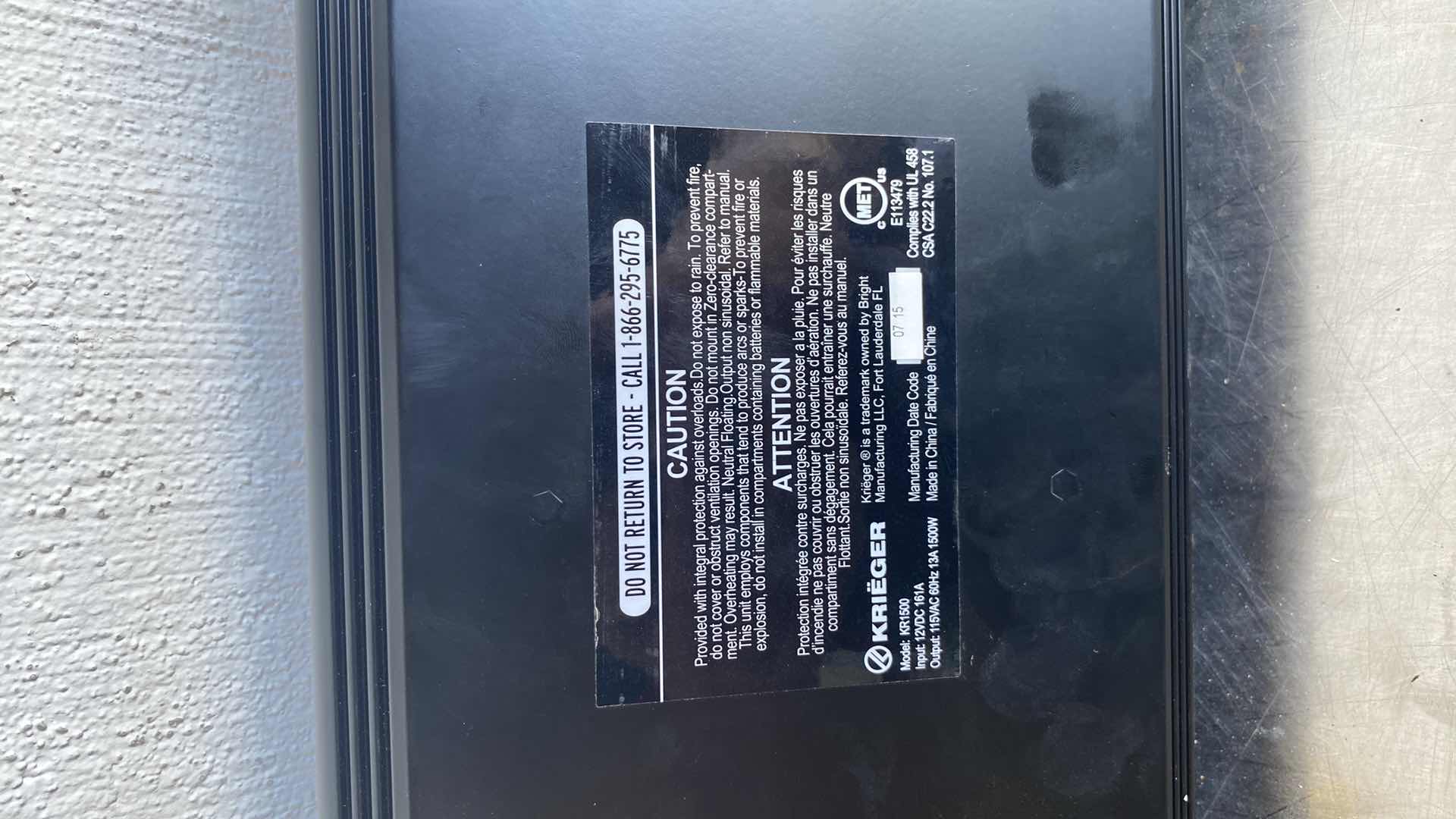 Photo 1 of KRIEGER 1500 WATTS POWER INVERTER
12V TO 110V, MODIFIED SINE WAVE CAR
INVERTER