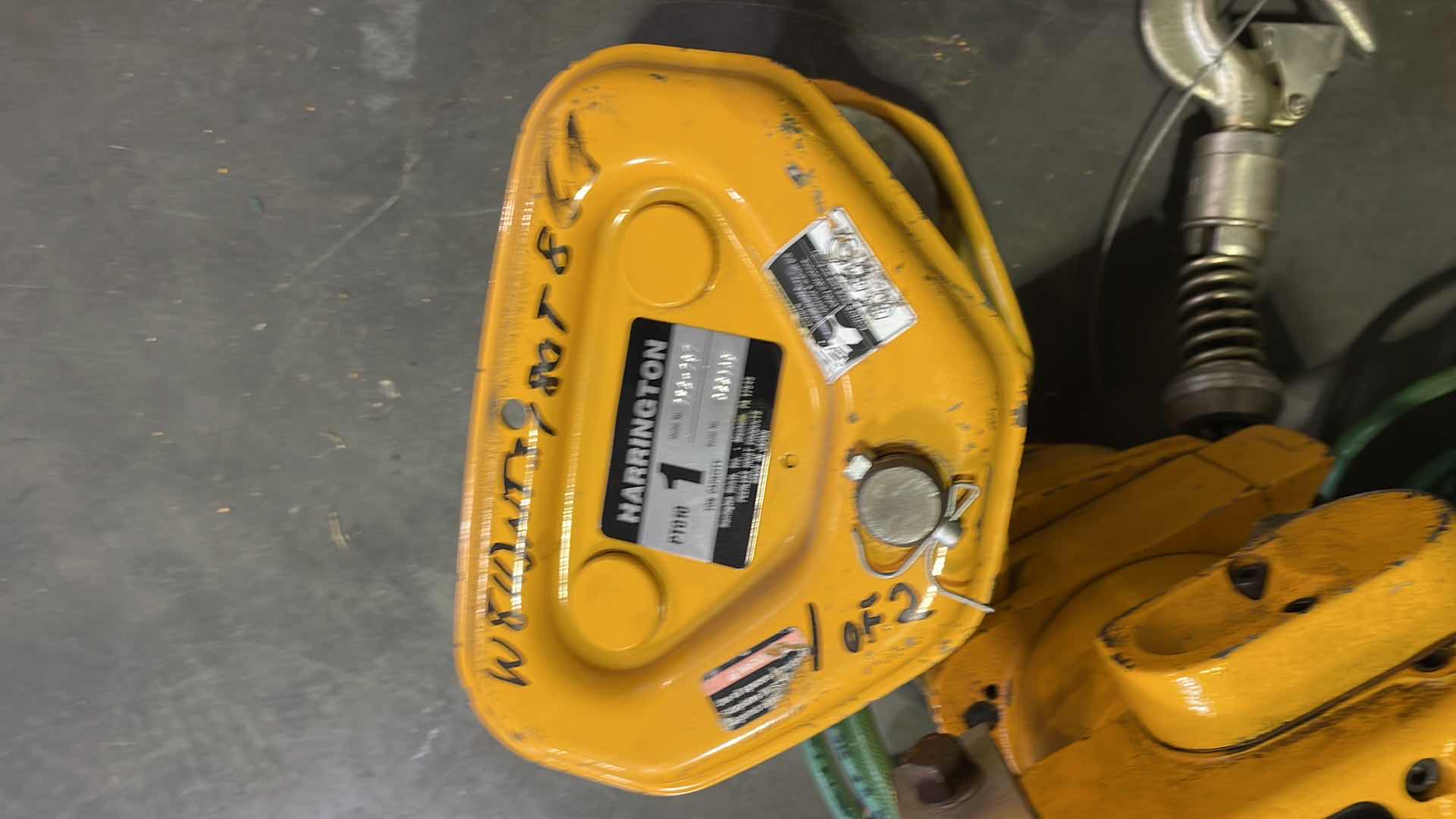 Photo 1 of HARRINGTON TCR-1000P2 1 TON 2000 LB PNEUMATIC AIR CHAIN HOIST 10' LIFT 90PSI WITH HARRINGTON PT010 1 TON MODEL TF2-767