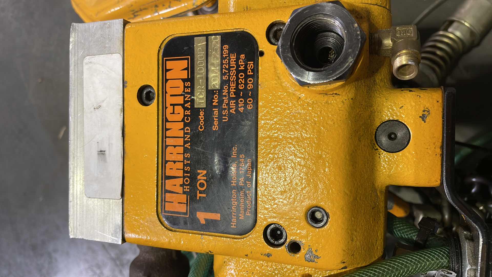 Photo 1 of HARRINGTON TCR-1000P2 1 TON 2000 LB PNEUMATIC AIR CHAIN HOIST 10' LIFT 90PSI WITH HARRINGTON PT010 1 TON MODEL TF2-767