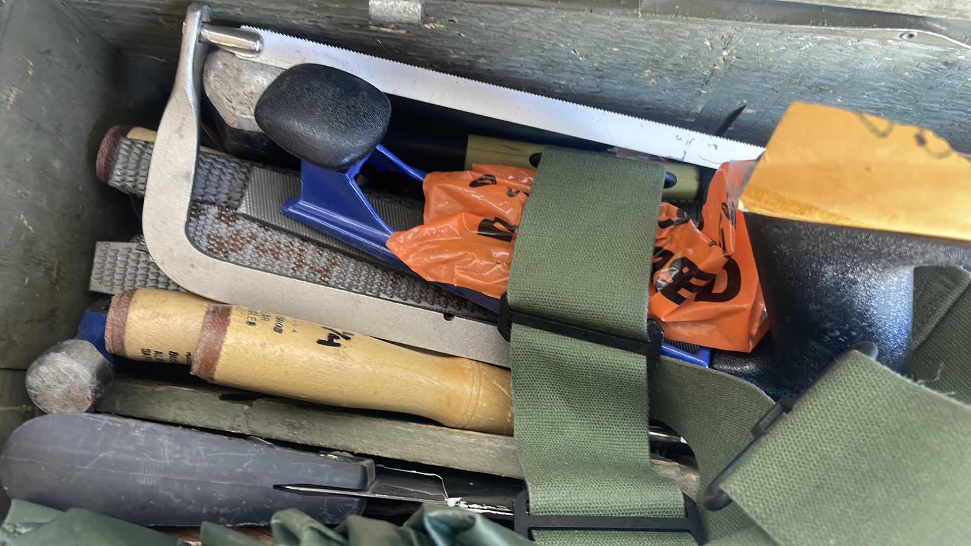 Photo 1 of MILITARY CARPENTERS TOOL BOX 32” x 16” x9” HINGES ON BOX ARE DAMAGED OR MISSING