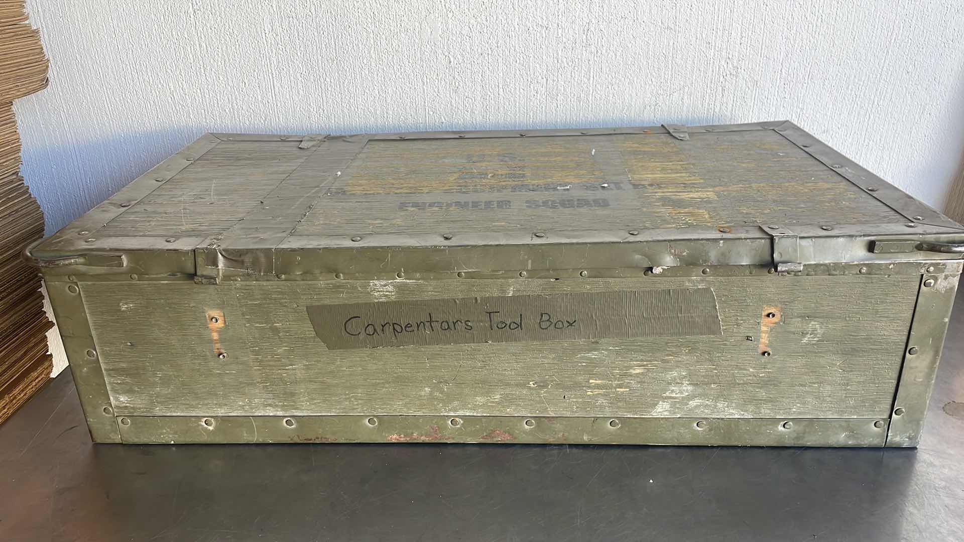 Photo 1 of MILITARY CARPENTERS TOOL BOX 32” x 16” x9” HINGES ON BOX ARE DAMAGED OR MISSING