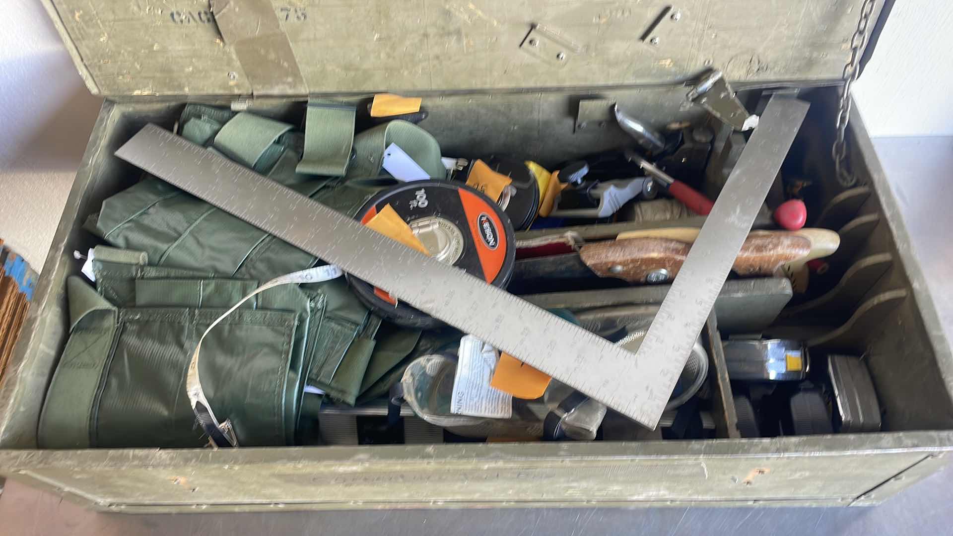 Photo 1 of MILITARY CARPENTERS TOOL BOX 32” x 16” x9” HINGES ON BOX ARE DAMAGED OR MISSING