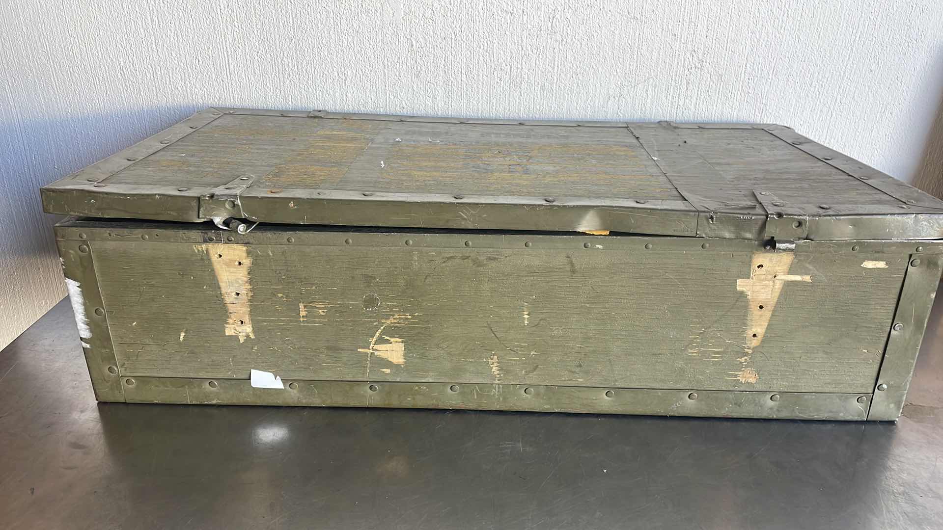 Photo 1 of MILITARY CARPENTERS TOOL BOX 32” x 16” x9” HINGES ON BOX ARE DAMAGED OR MISSING