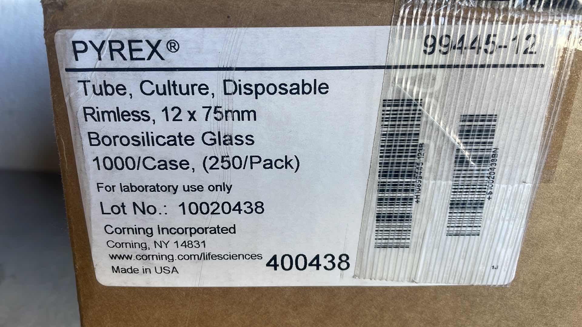 Photo 1 of PYREX TUBE, CULTURE, DISPOSABLE RIMLESS, 12 X 75MM BOROSILICATE GLASS 1000/CASE, (250/PACK)