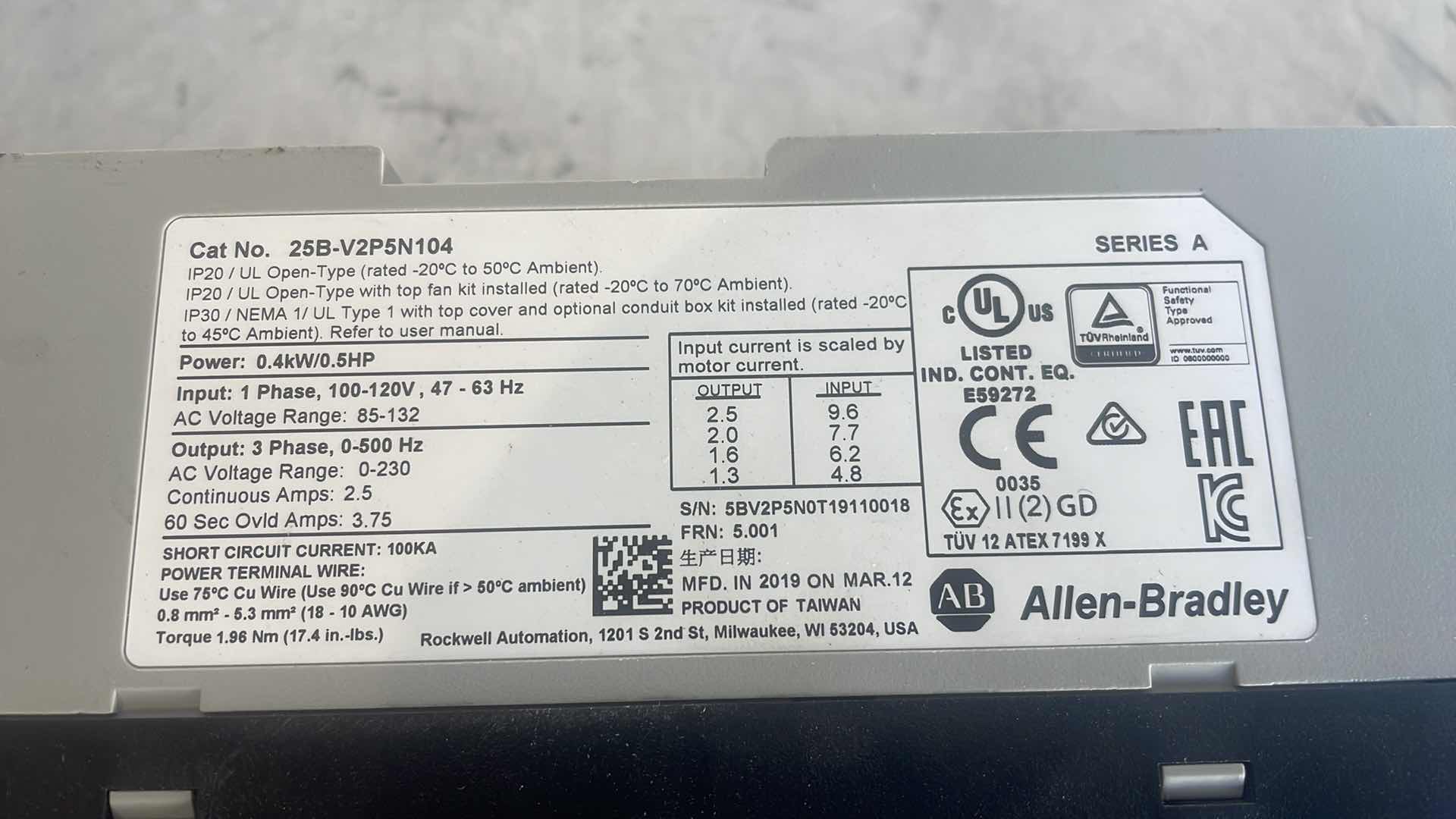 Photo 1 of ALLEN-BRADLEY POWERFLEX 525 0.4KW (0.5HP) AC DRIVE
CATALOG #: 25B-V2P5N104