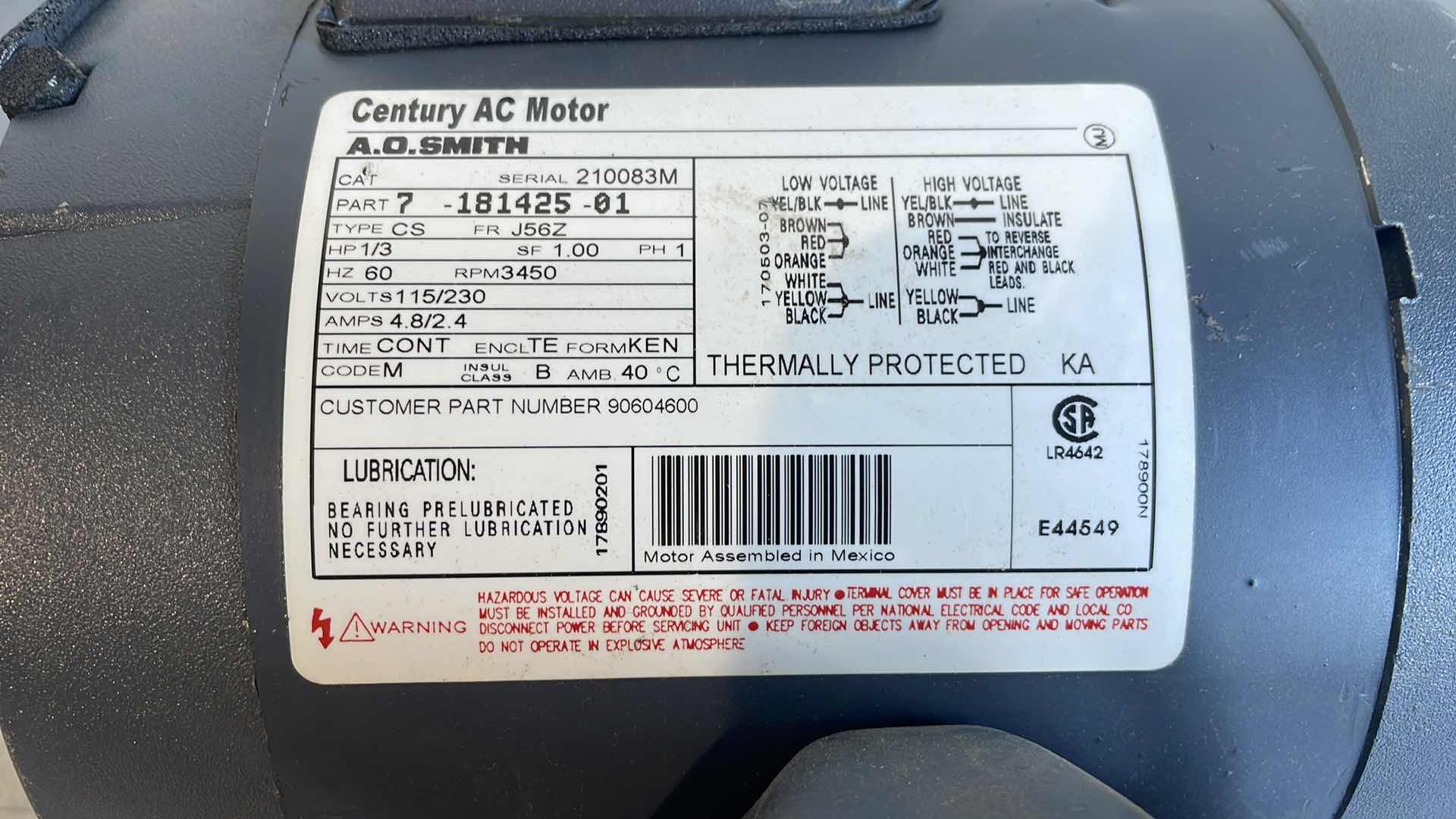 Photo 1 of CENTURY AC MOTOR AO SMITH 
PART NO. 7-181425-01 RPM 3450 1/3HP 115/230V