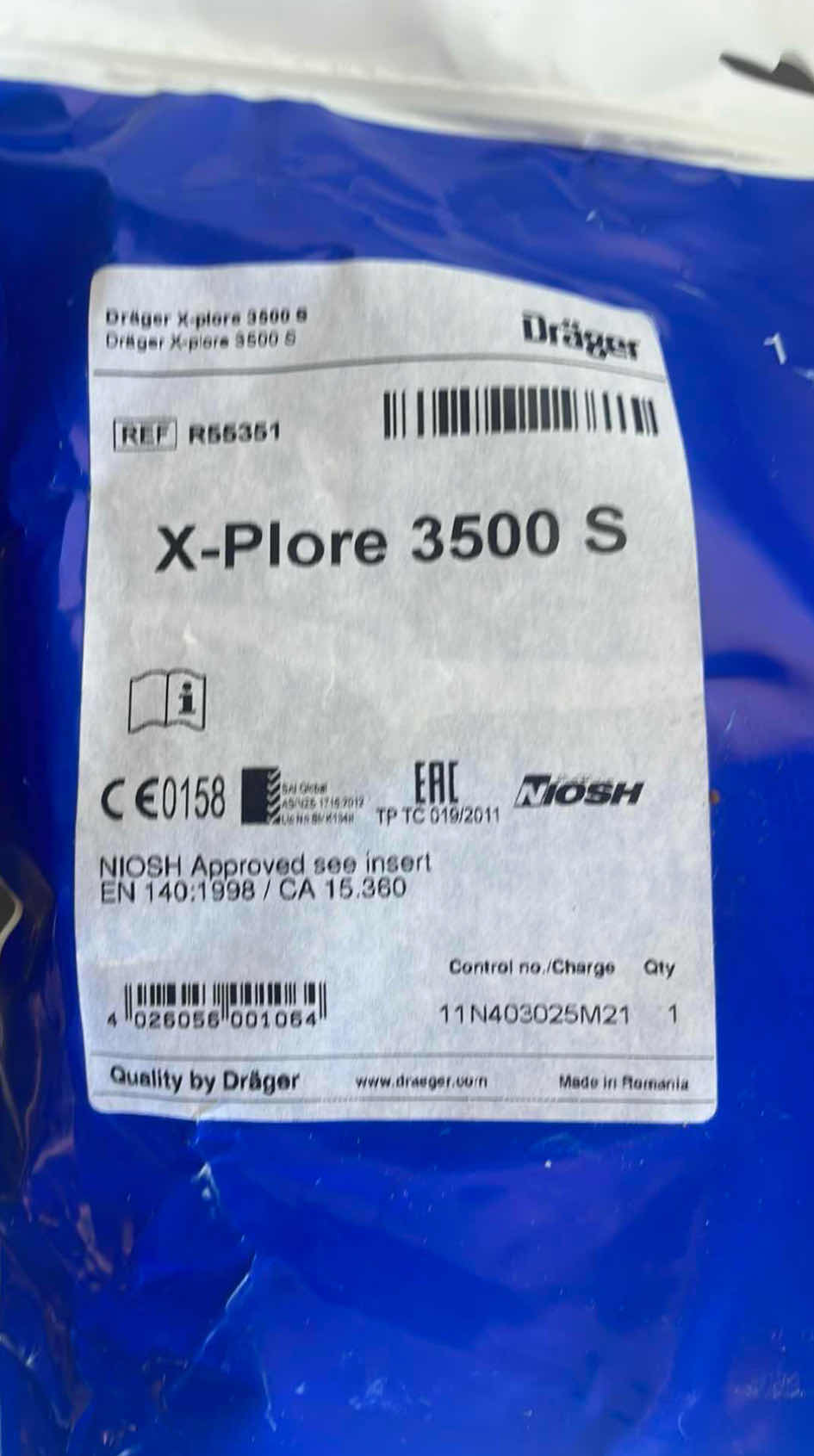 Photo 1 of DRÄGER X-PLORE 3500 HALF-MASK RESPIRATOR, R55351 SIZE SMALL NEW AND UNUSED.(12)