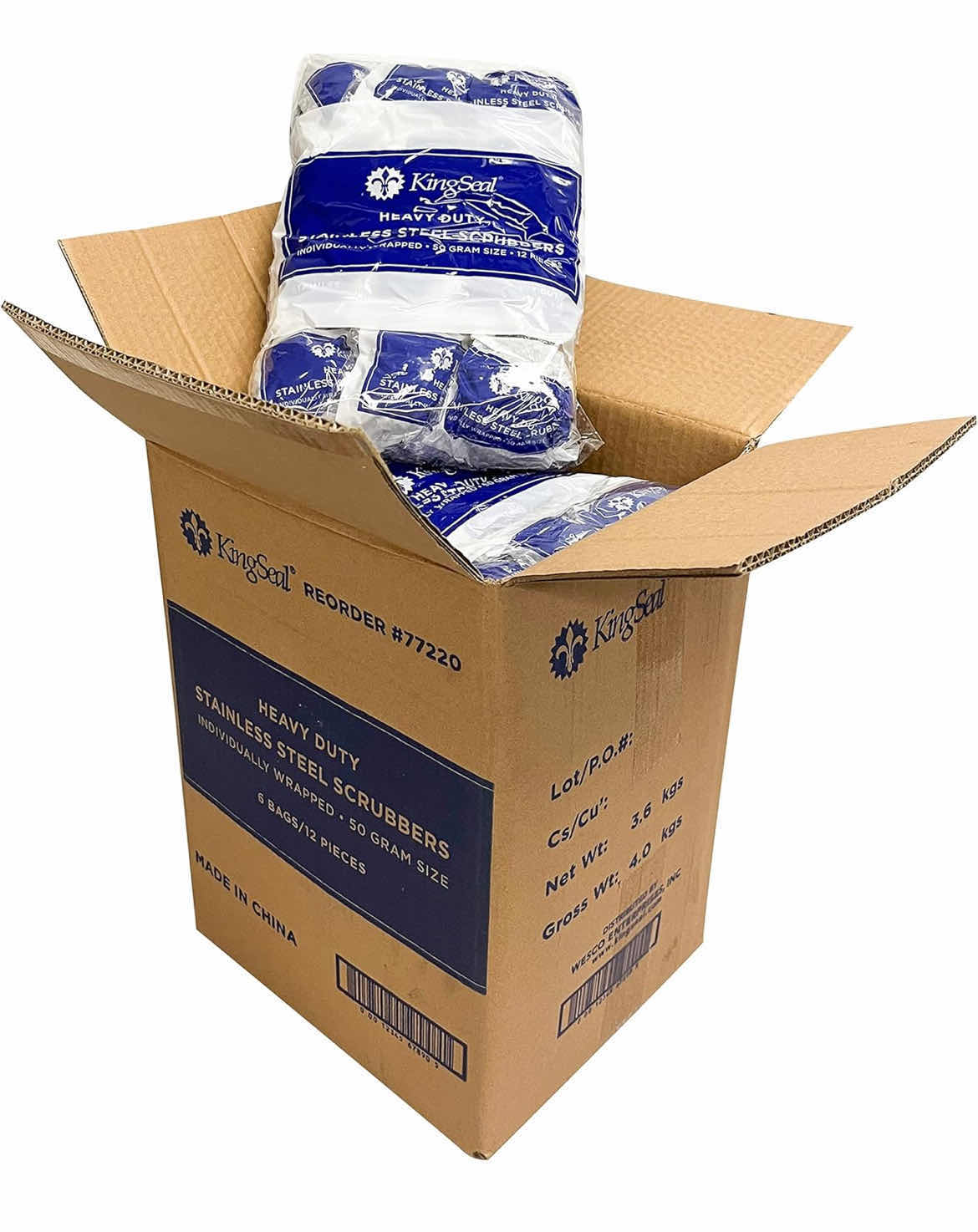 Photo 2 of KINGSEAL STAINLESS STEEL SCRUBBERS, SCRUB PADS, HEAVY DUTY, 50 GRAM WEIGHT, INDIVIDUALLY WRAPPED - 6 PACKS OF 12